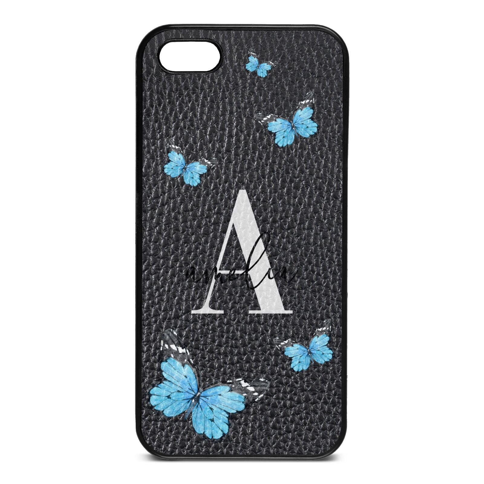 Blue Butterflies with Initial and Name Black Pebble Leather iPhone 5 Case