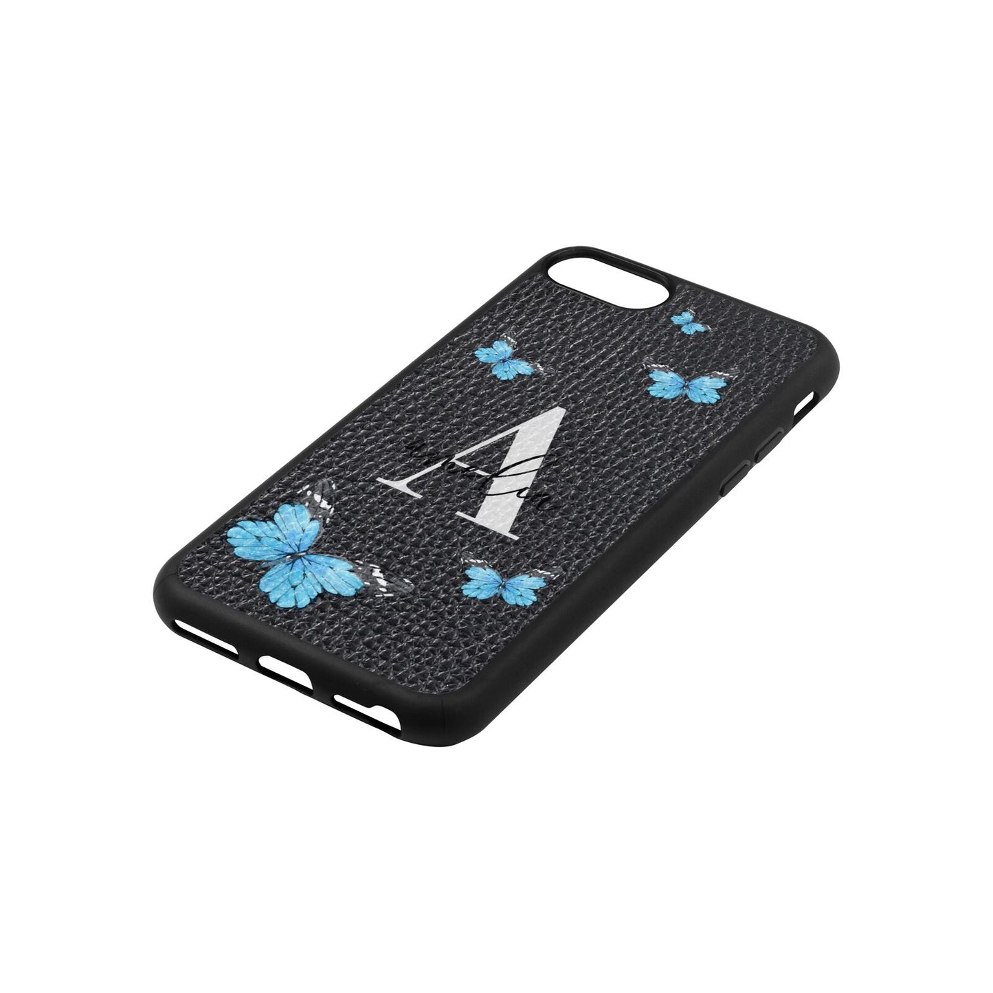 Blue Butterflies with Initial and Name Black Pebble Leather iPhone 8 Case Side Angle