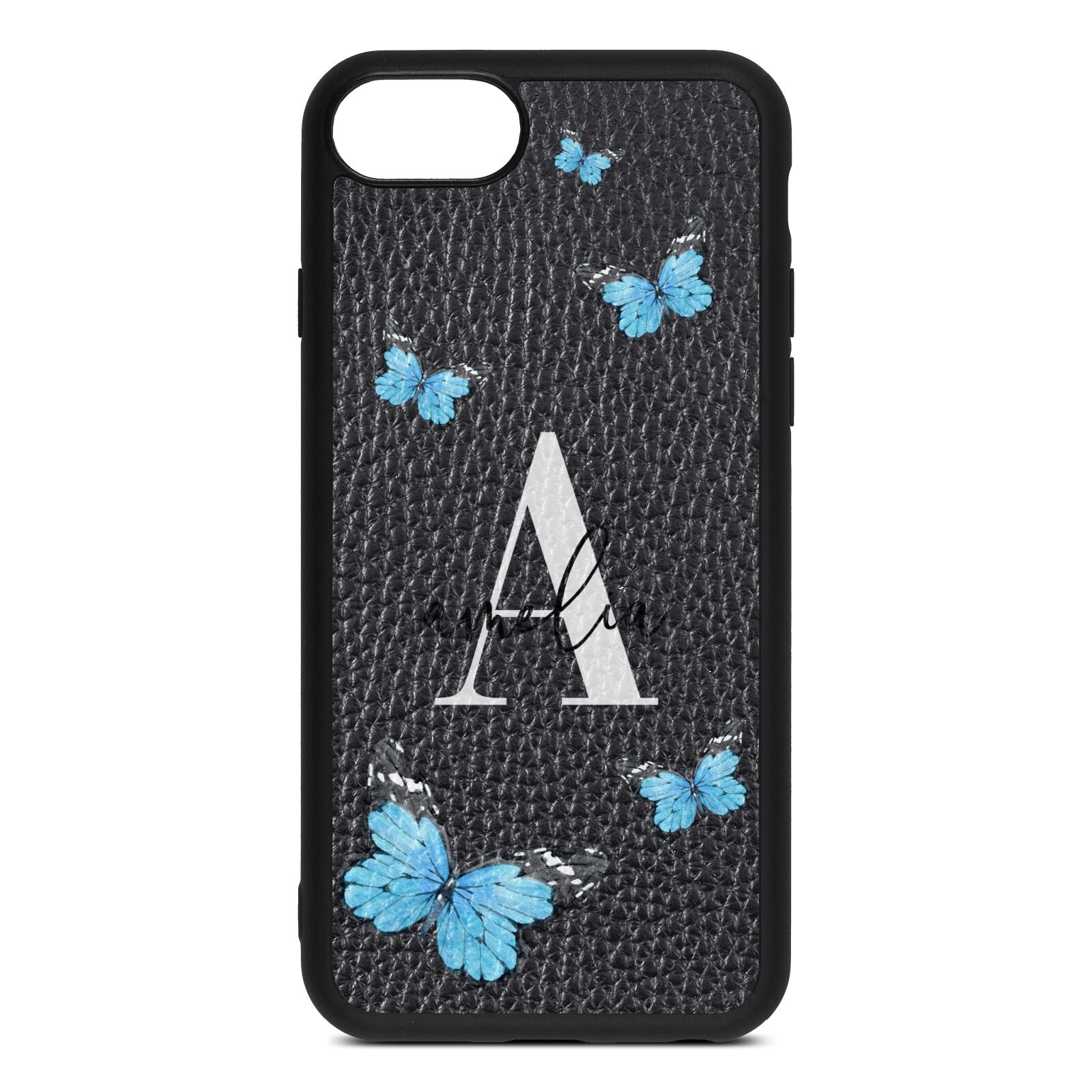 Blue Butterflies with Initial and Name Black Pebble Leather iPhone 8 Case