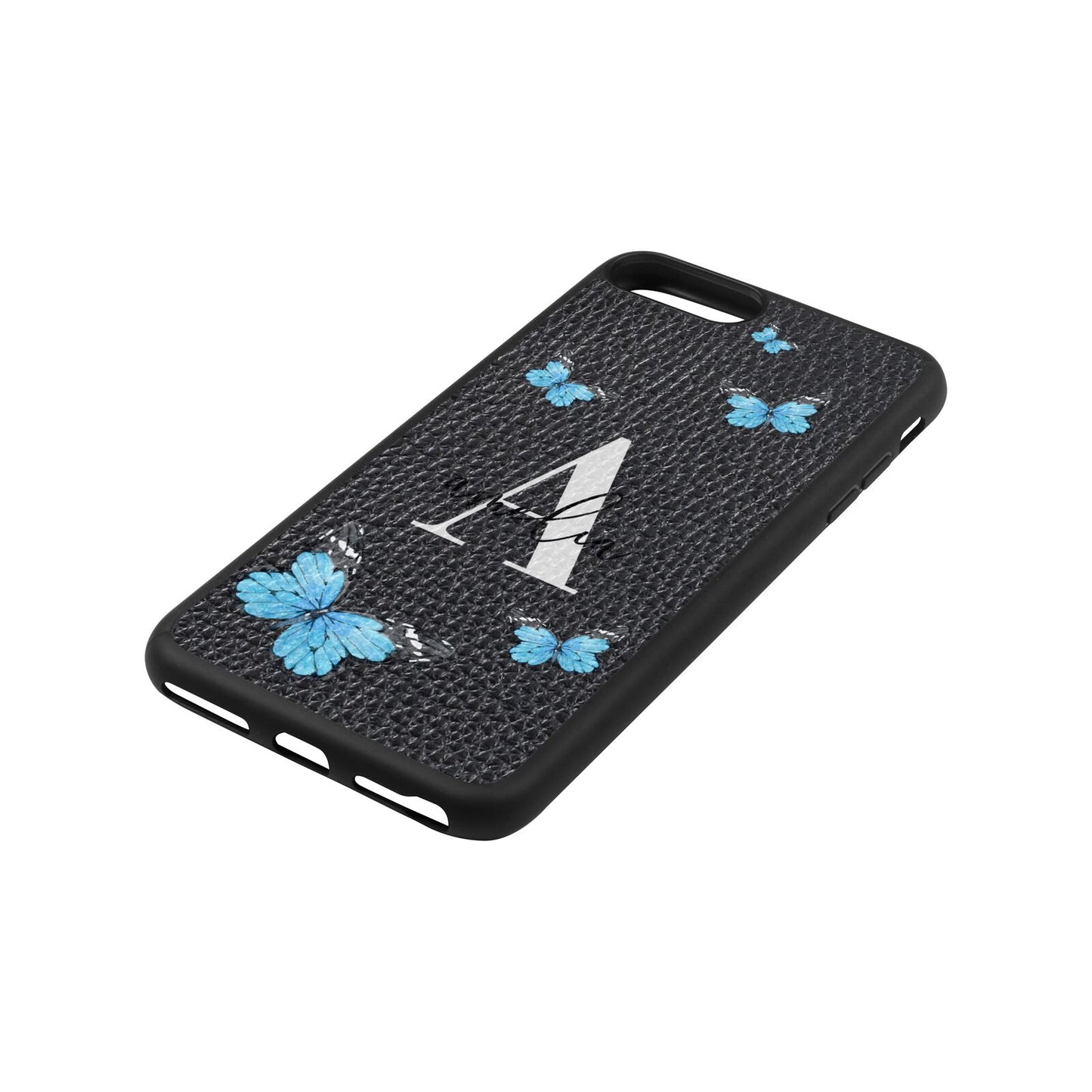 Blue Butterflies with Initial and Name Black Pebble Leather iPhone 8 Plus Case Side Angle