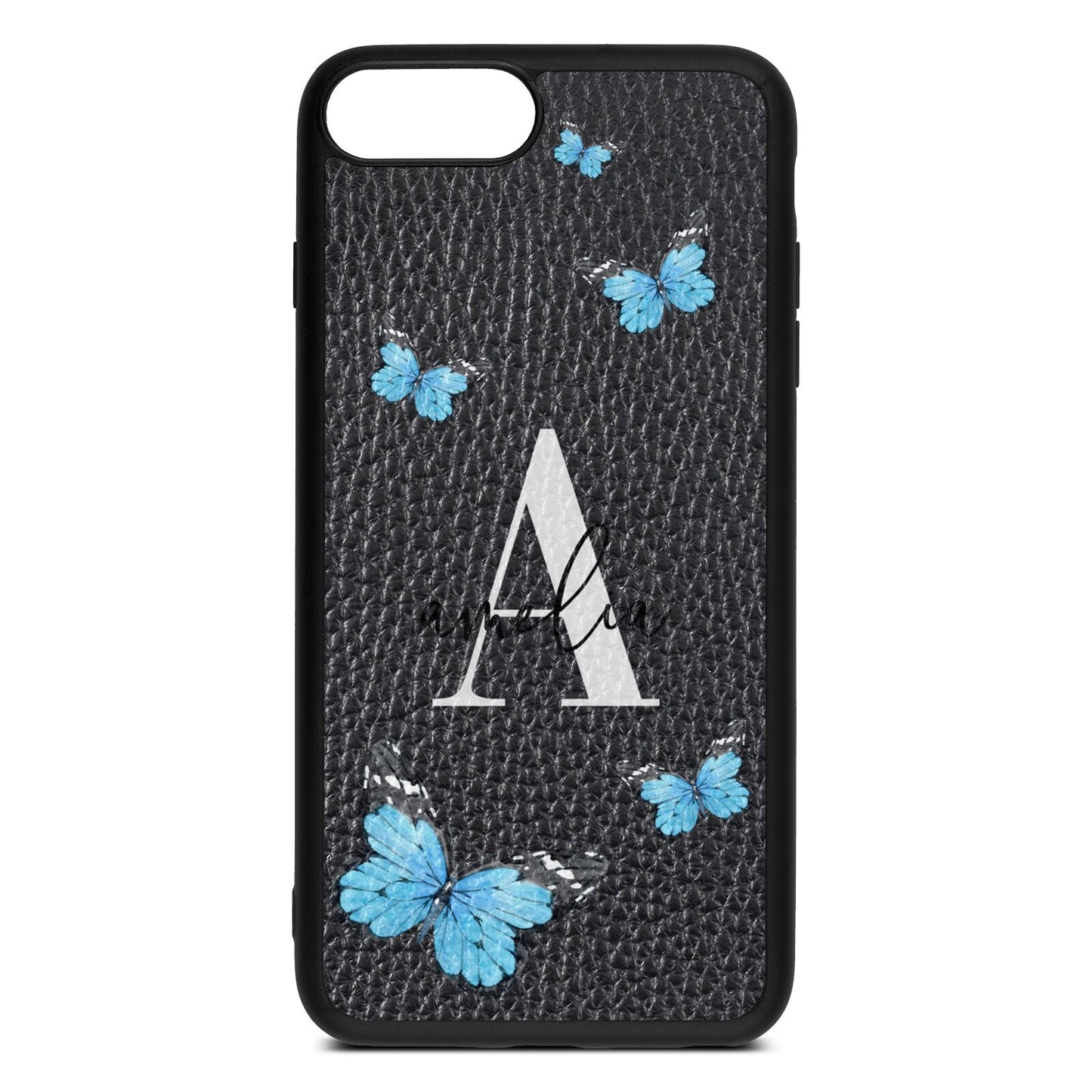 Blue Butterflies with Initial and Name Black Pebble Leather iPhone 8 Plus Case