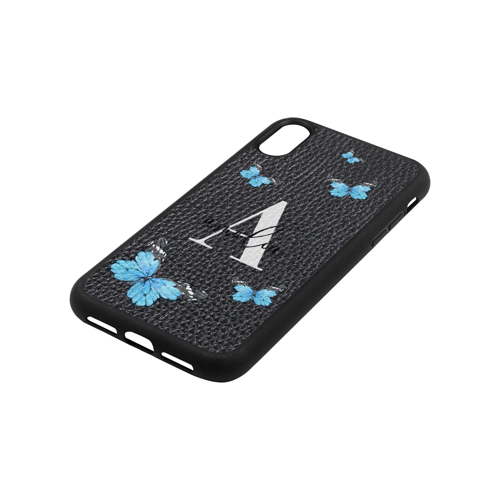 Blue Butterflies with Initial and Name Black Pebble Leather iPhone Xr Case Side Angle