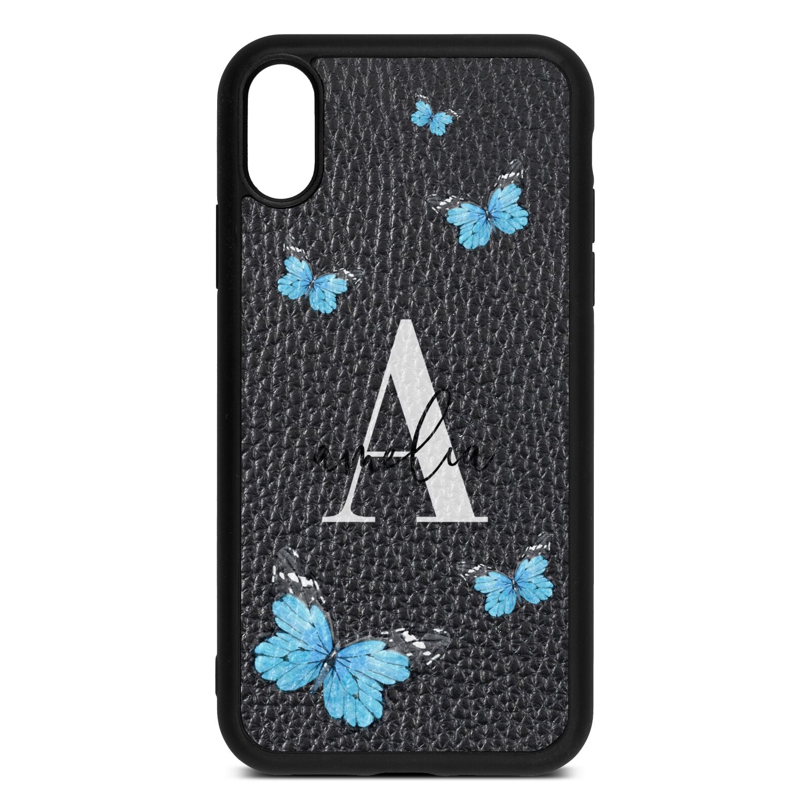 Blue Butterflies with Initial and Name Black Pebble Leather iPhone Xr Case