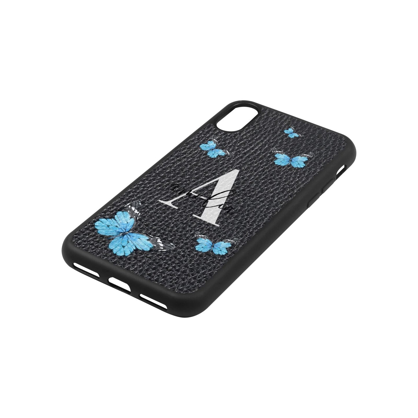 Blue Butterflies with Initial and Name Black Pebble Leather iPhone Xs Case Side Angle