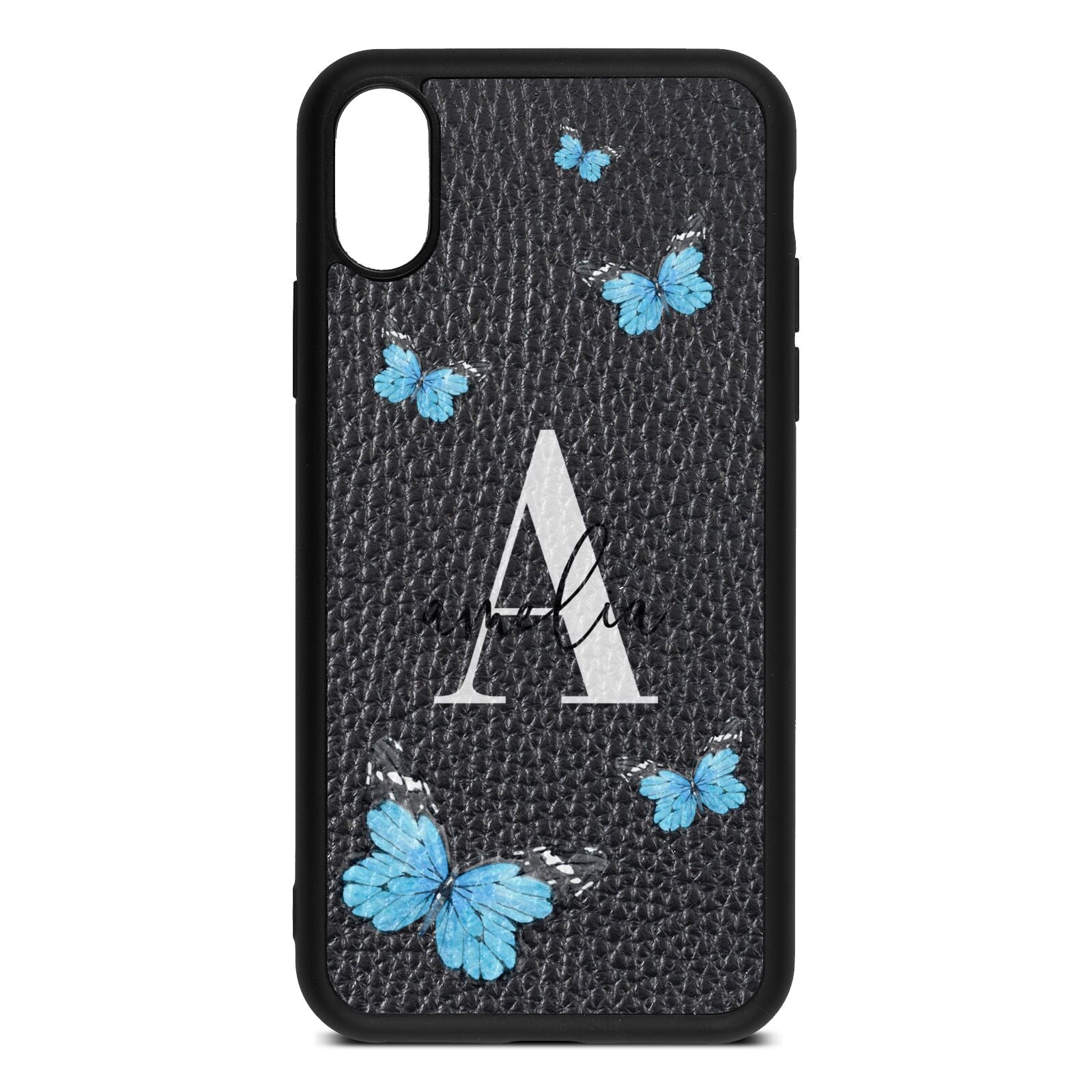 Blue Butterflies with Initial and Name Black Pebble Leather iPhone Xs Case