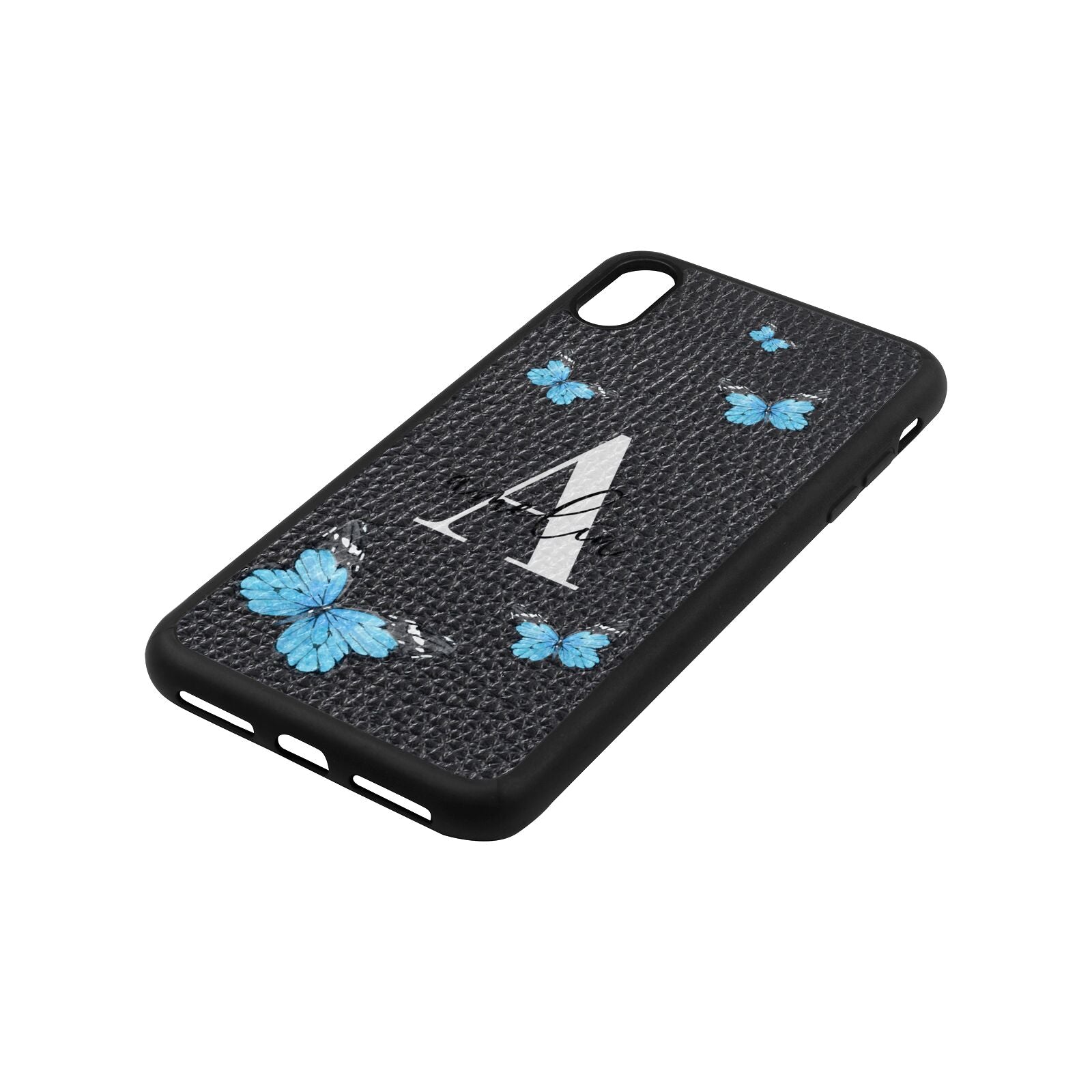 Blue Butterflies with Initial and Name Black Pebble Leather iPhone Xs Max Case Side Angle