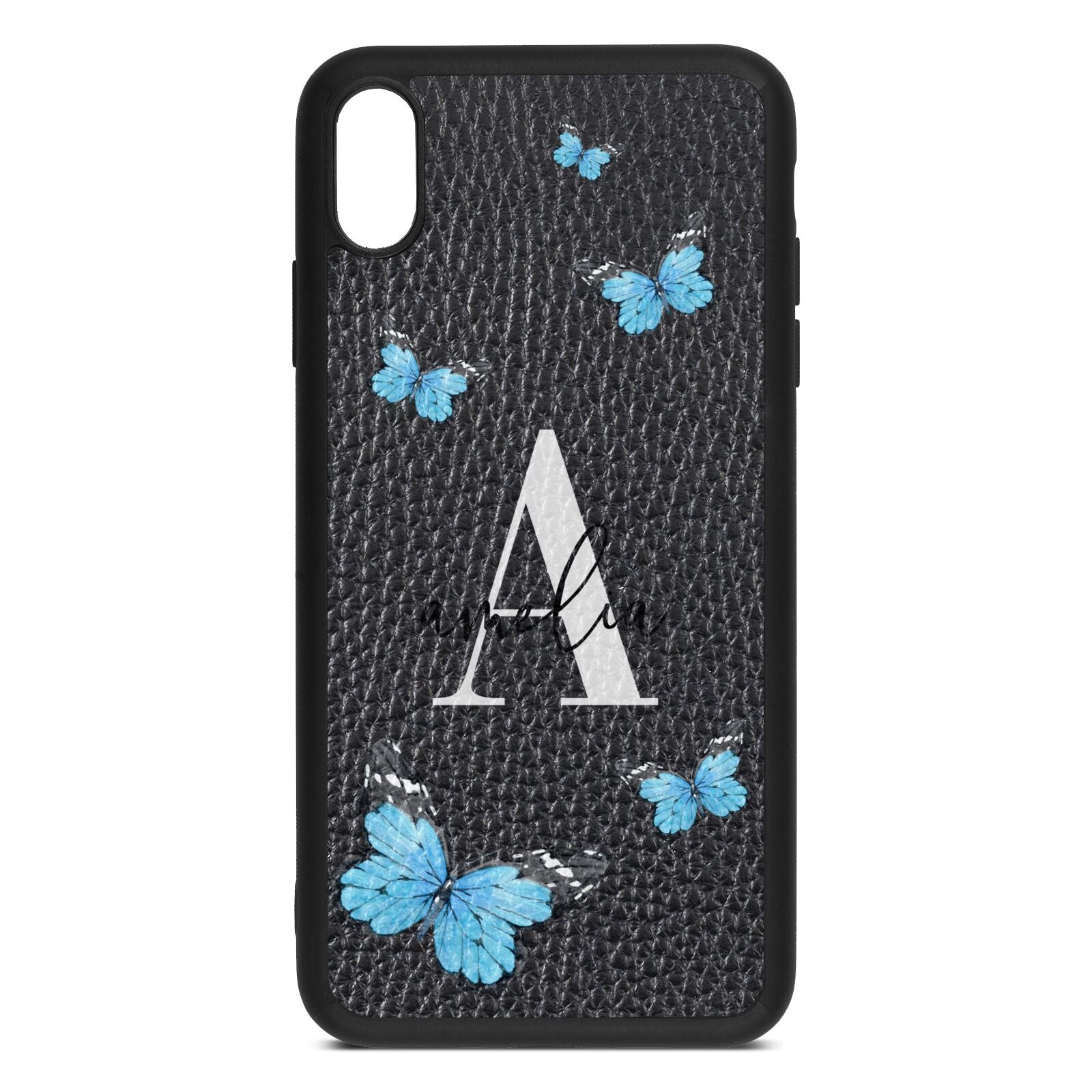 Blue Butterflies with Initial and Name Black Pebble Leather iPhone Xs Max Case