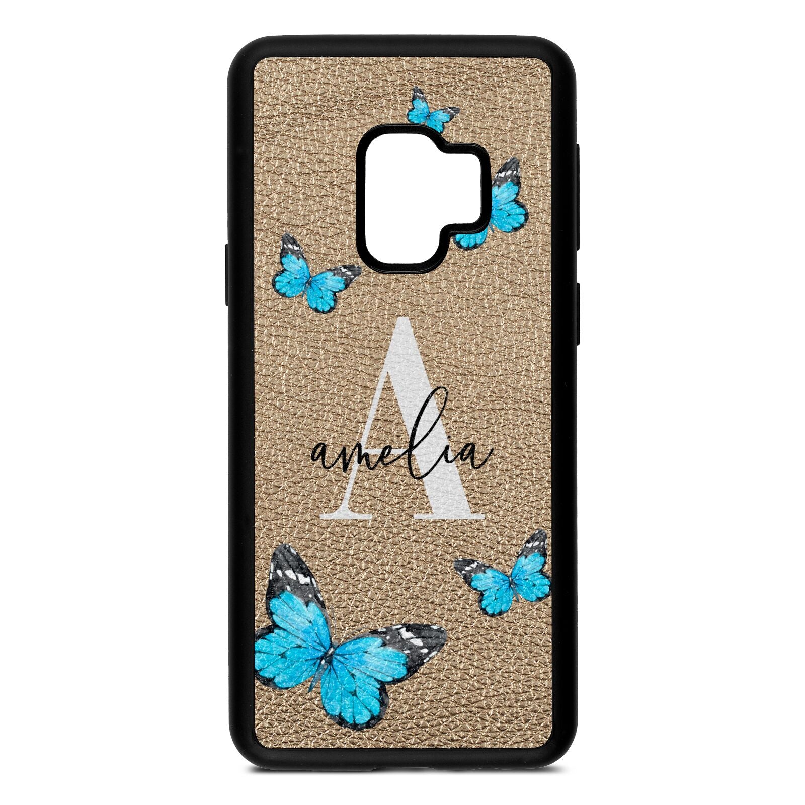 Blue Butterflies with Initial and Name Gold Pebble Leather Samsung S9 Case