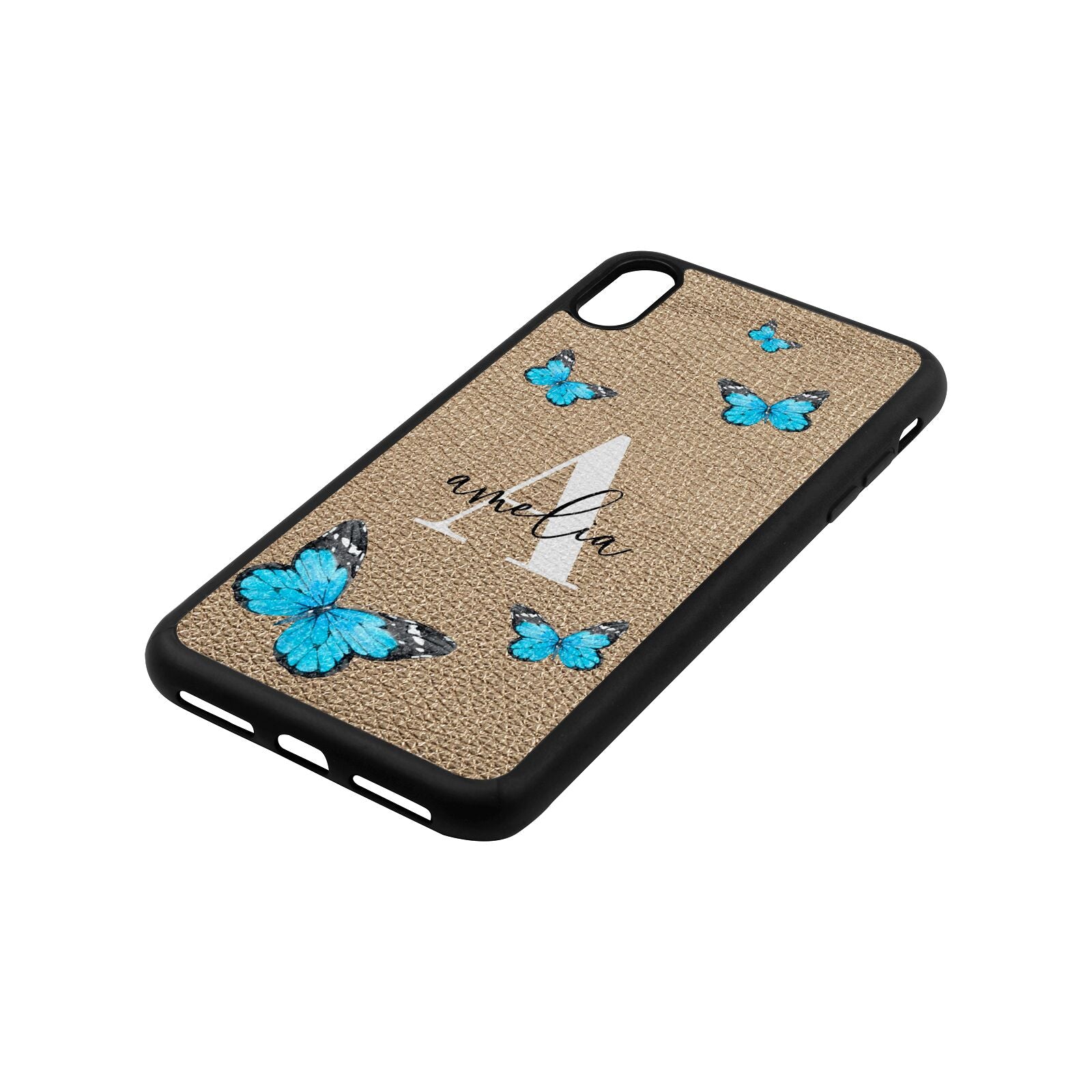 Blue Butterflies with Initial and Name Gold Pebble Leather iPhone Xs Max Case Side Angle