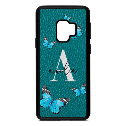 Blue Butterflies with Initial and Name Green Pebble Leather Samsung S9 Case