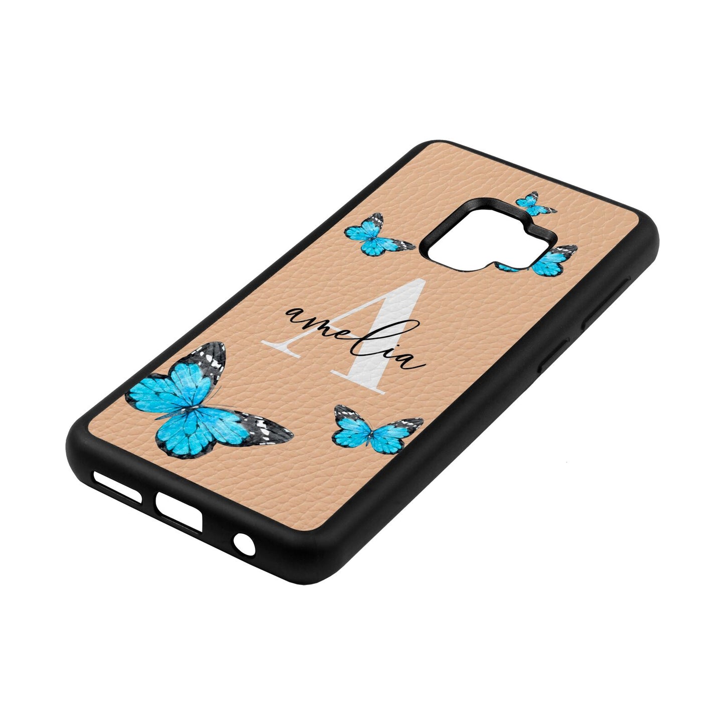 Blue Butterflies with Initial and Name Nude Pebble Leather Samsung S9 Case Side Angle