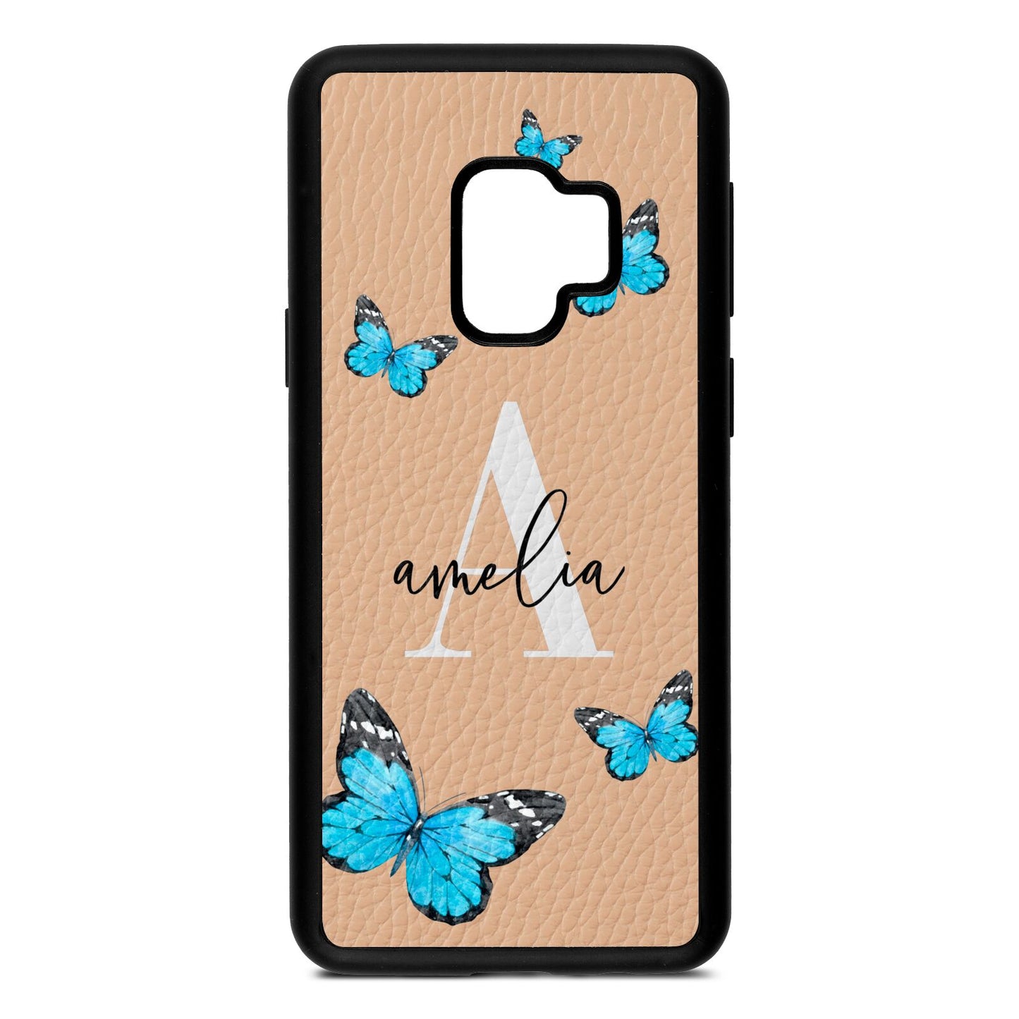 Blue Butterflies with Initial and Name Nude Pebble Leather Samsung S9 Case