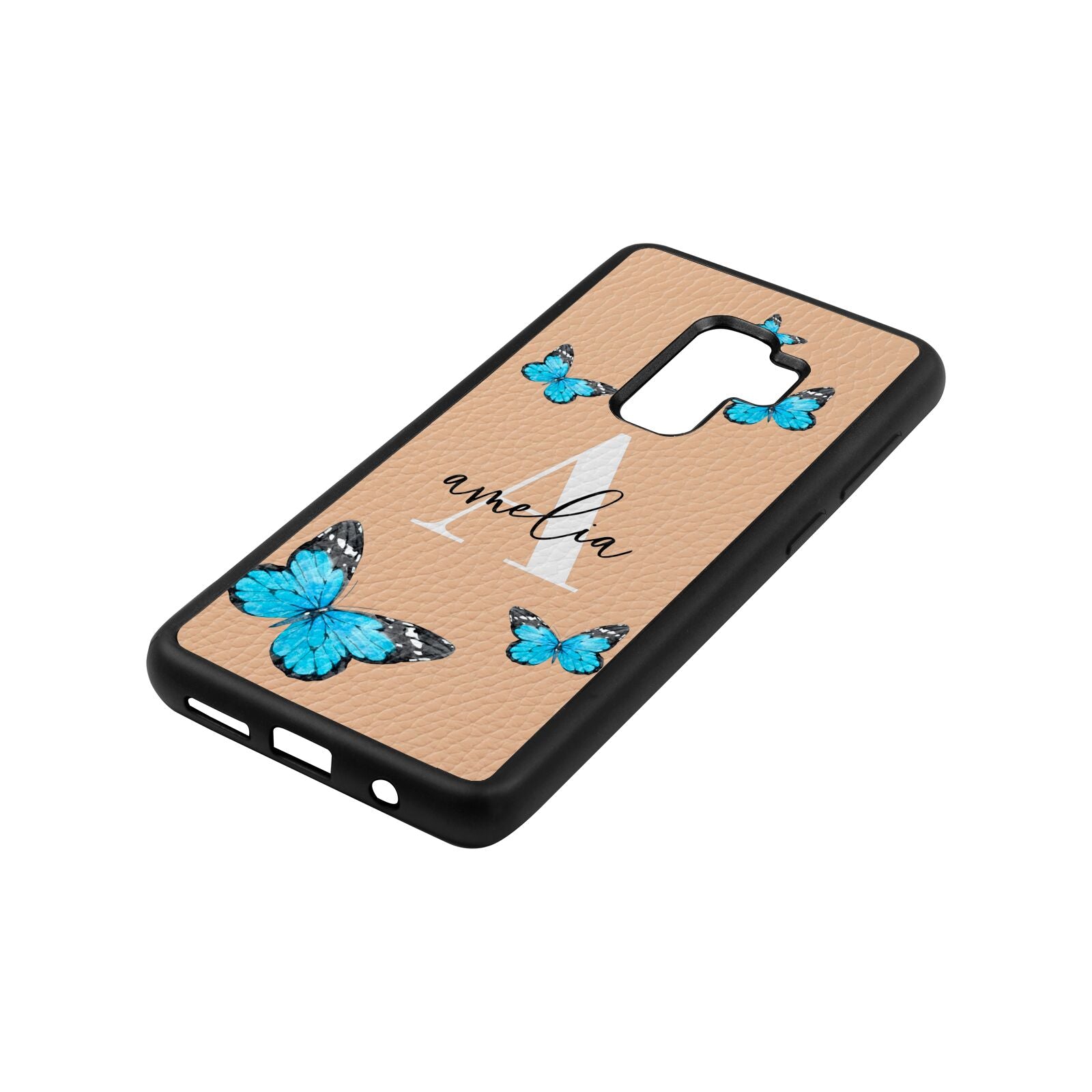 Blue Butterflies with Initial and Name Nude Pebble Leather Samsung S9 Plus Case Side Angle