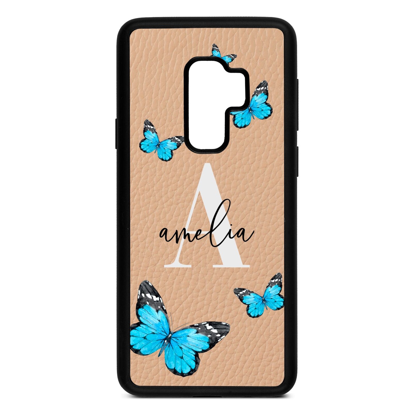 Blue Butterflies with Initial and Name Nude Pebble Leather Samsung S9 Plus Case