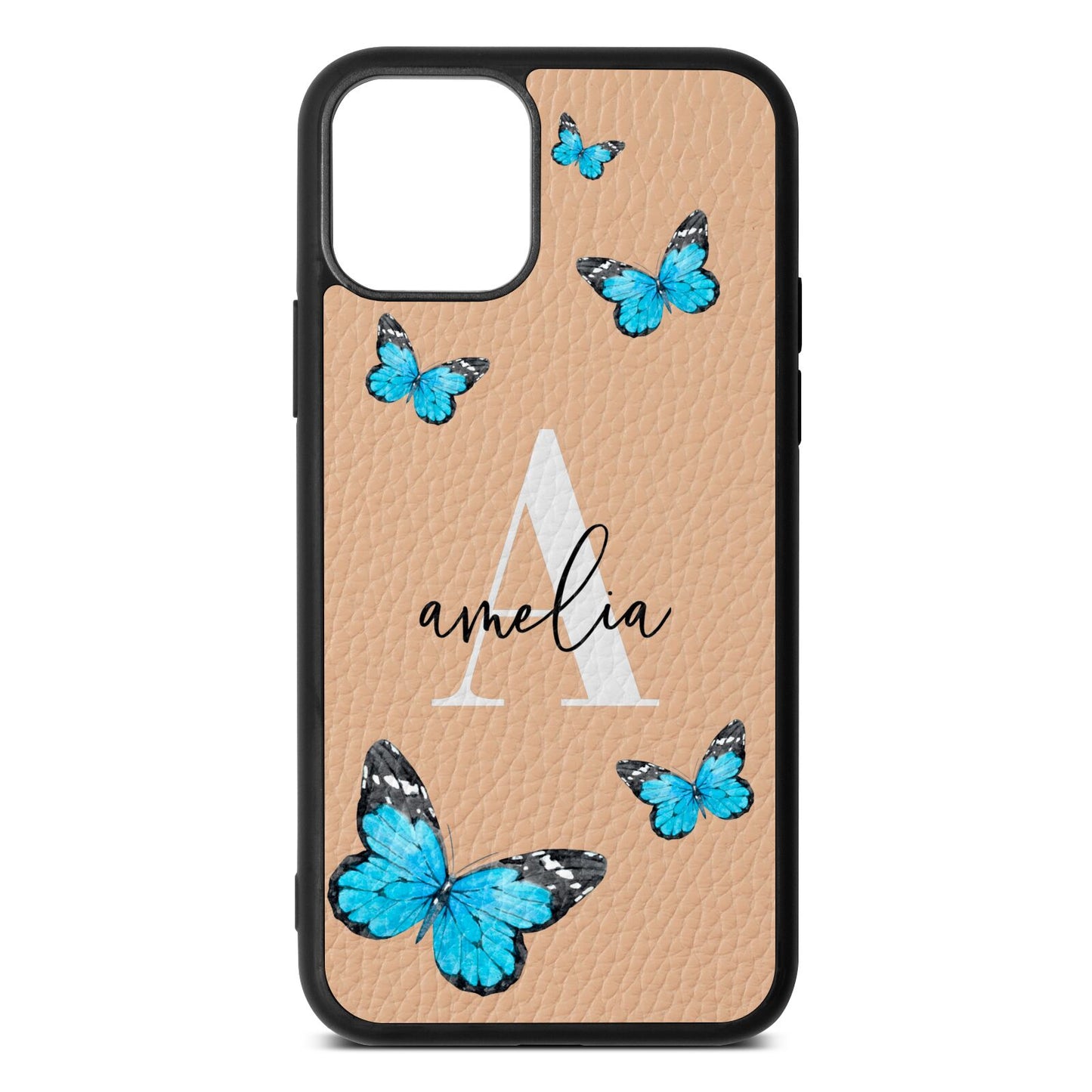 Blue Butterflies with Initial and Name Nude Pebble Leather iPhone 11 Case