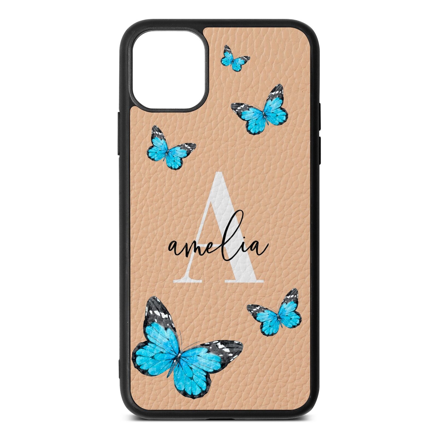 Blue Butterflies with Initial and Name Nude Pebble Leather iPhone 11 Pro Max Case