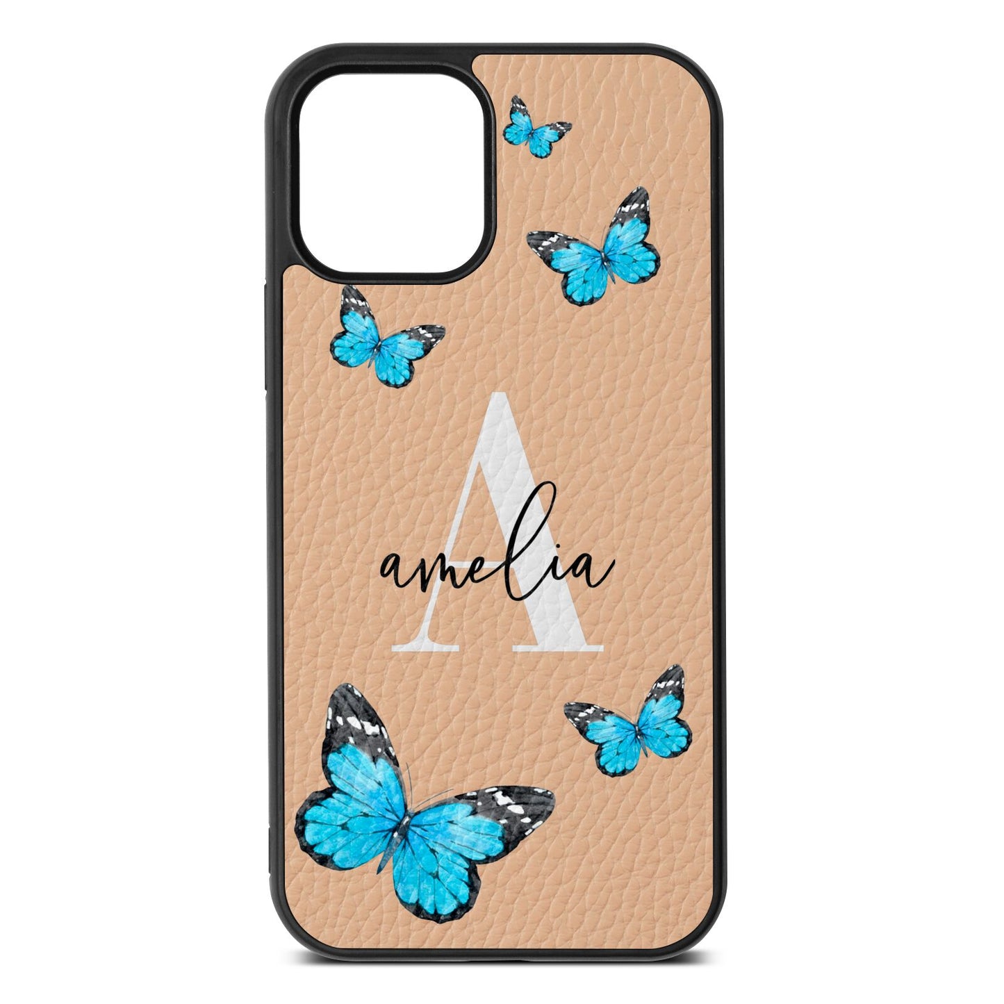 Blue Butterflies with Initial and Name Nude Pebble Leather iPhone 12 Case