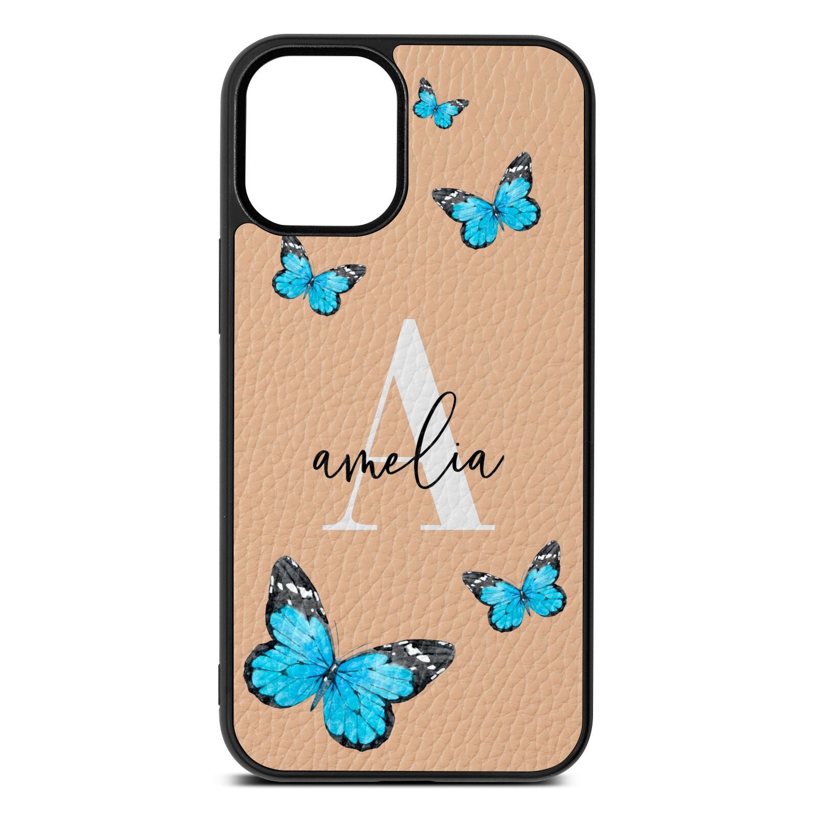 Blue Butterflies with Initial and Name Nude Pebble Leather iPhone 12 Mini Case