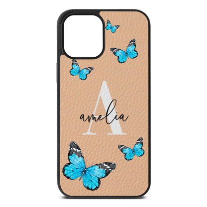 Blue Butterflies with Initial and Name Nude Pebble Leather iPhone 12 Pro Max Case