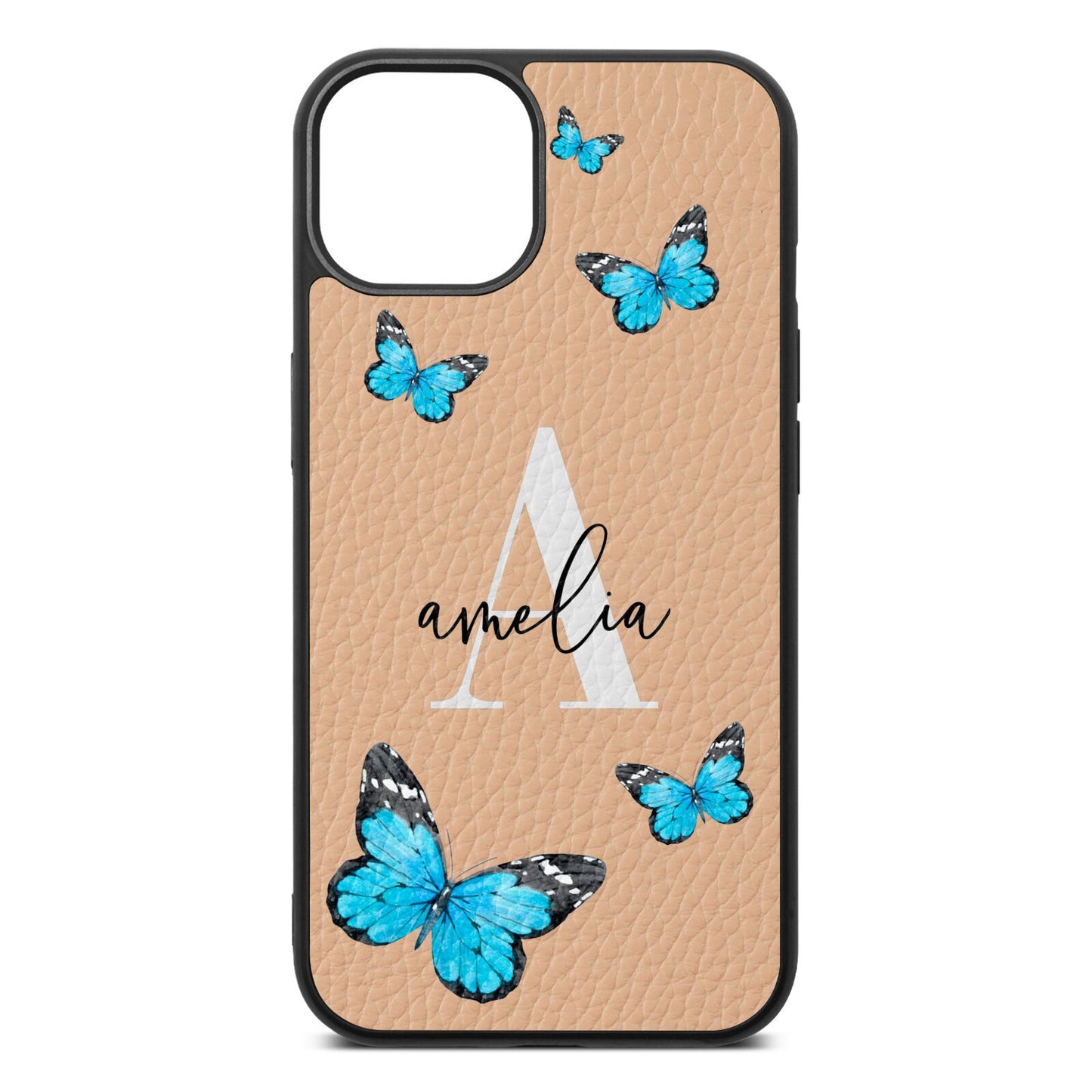 Blue Butterflies with Initial and Name Nude Pebble Leather iPhone 13 Case