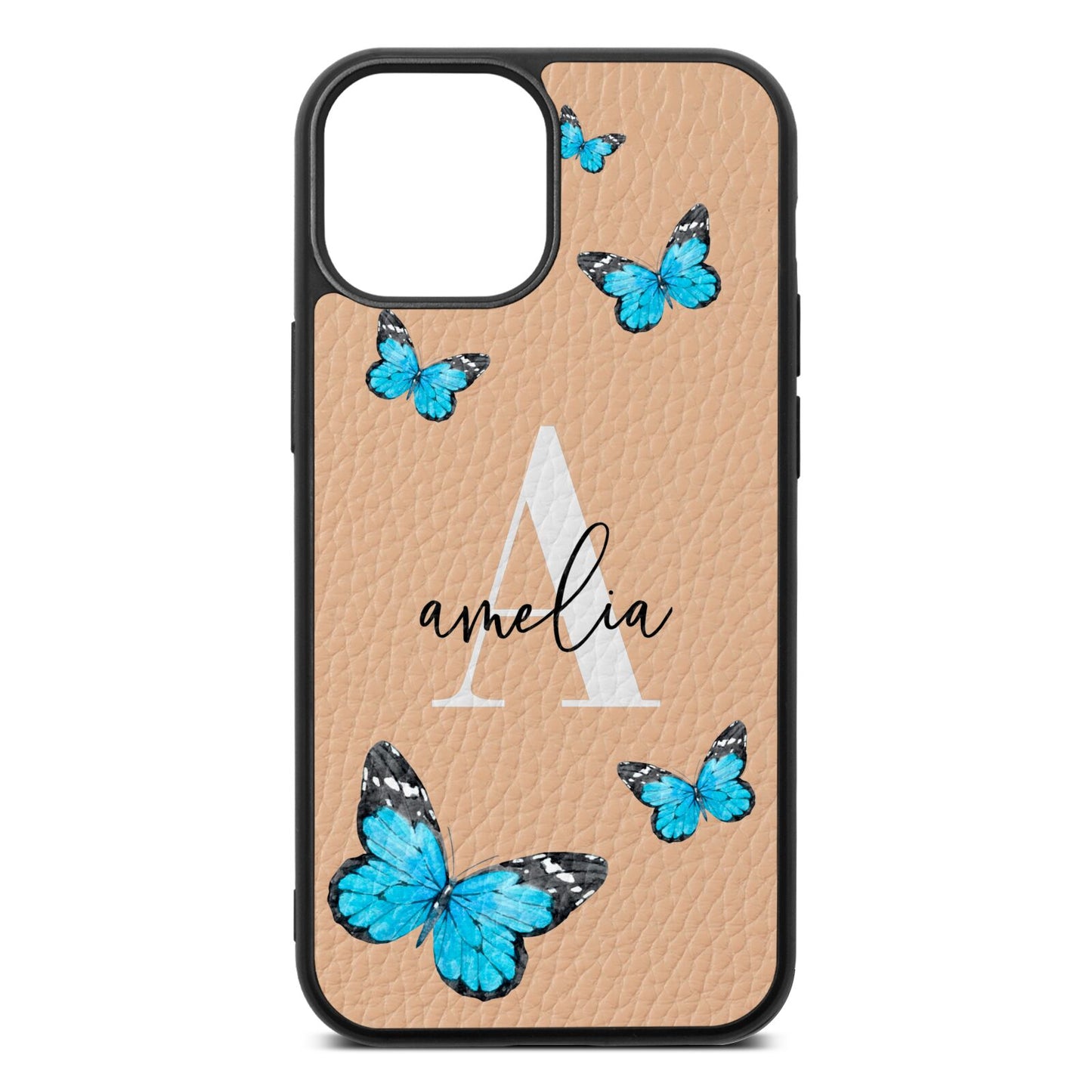 Blue Butterflies with Initial and Name Nude Pebble Leather iPhone 13 Mini Case