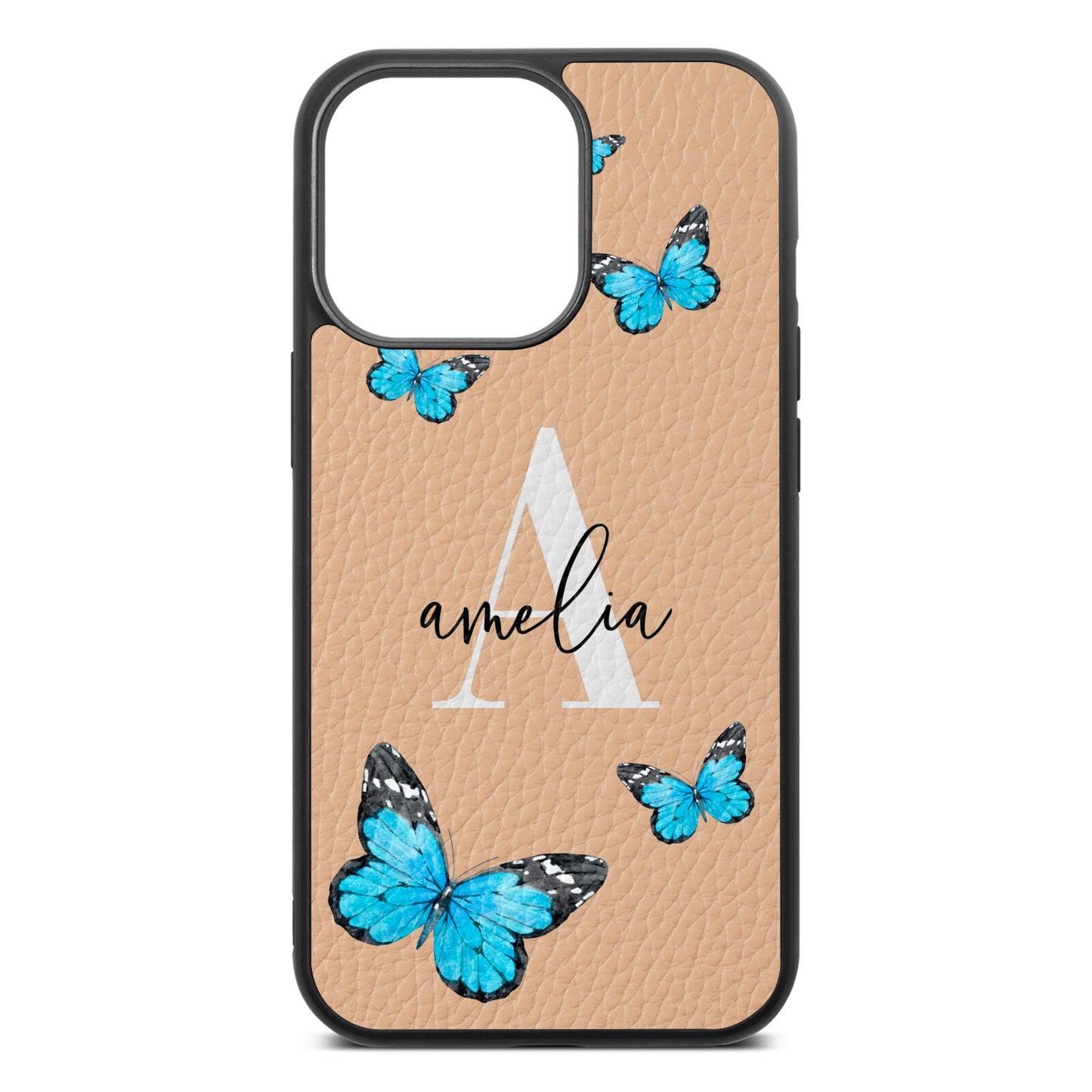 Blue Butterflies with Initial and Name Nude Pebble Leather iPhone 13 Pro Case