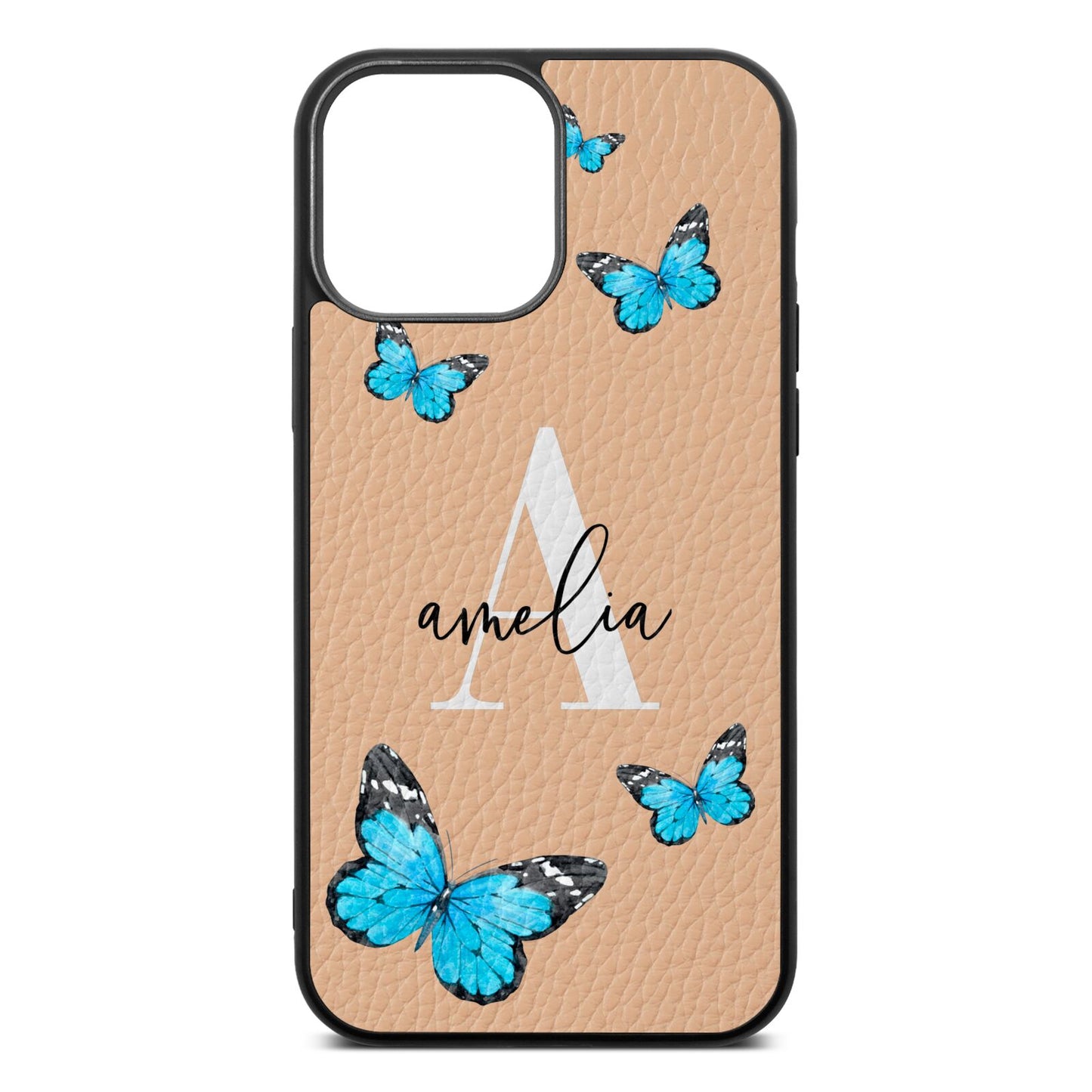 Blue Butterflies with Initial and Name Nude Pebble Leather iPhone 13 Pro Max Case