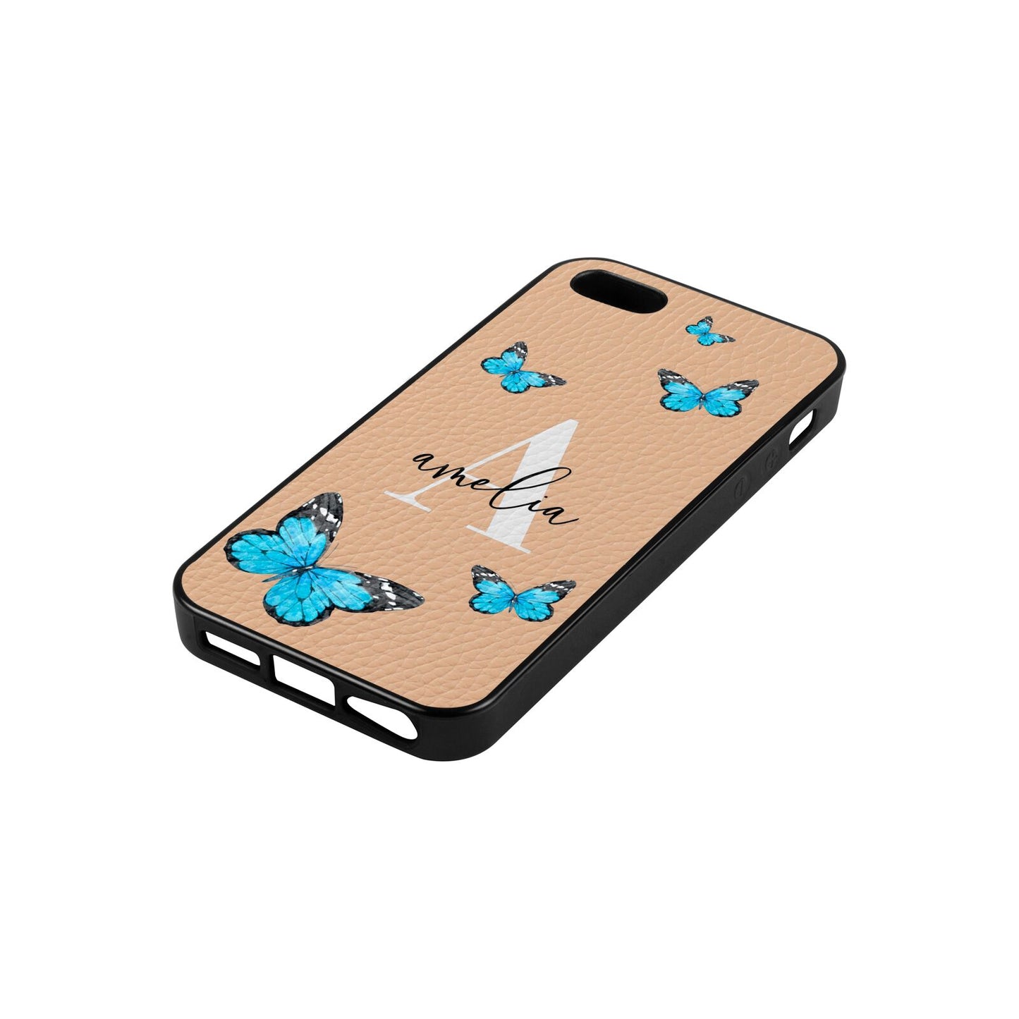 Blue Butterflies with Initial and Name Nude Pebble Leather iPhone 5 Case Side Angle