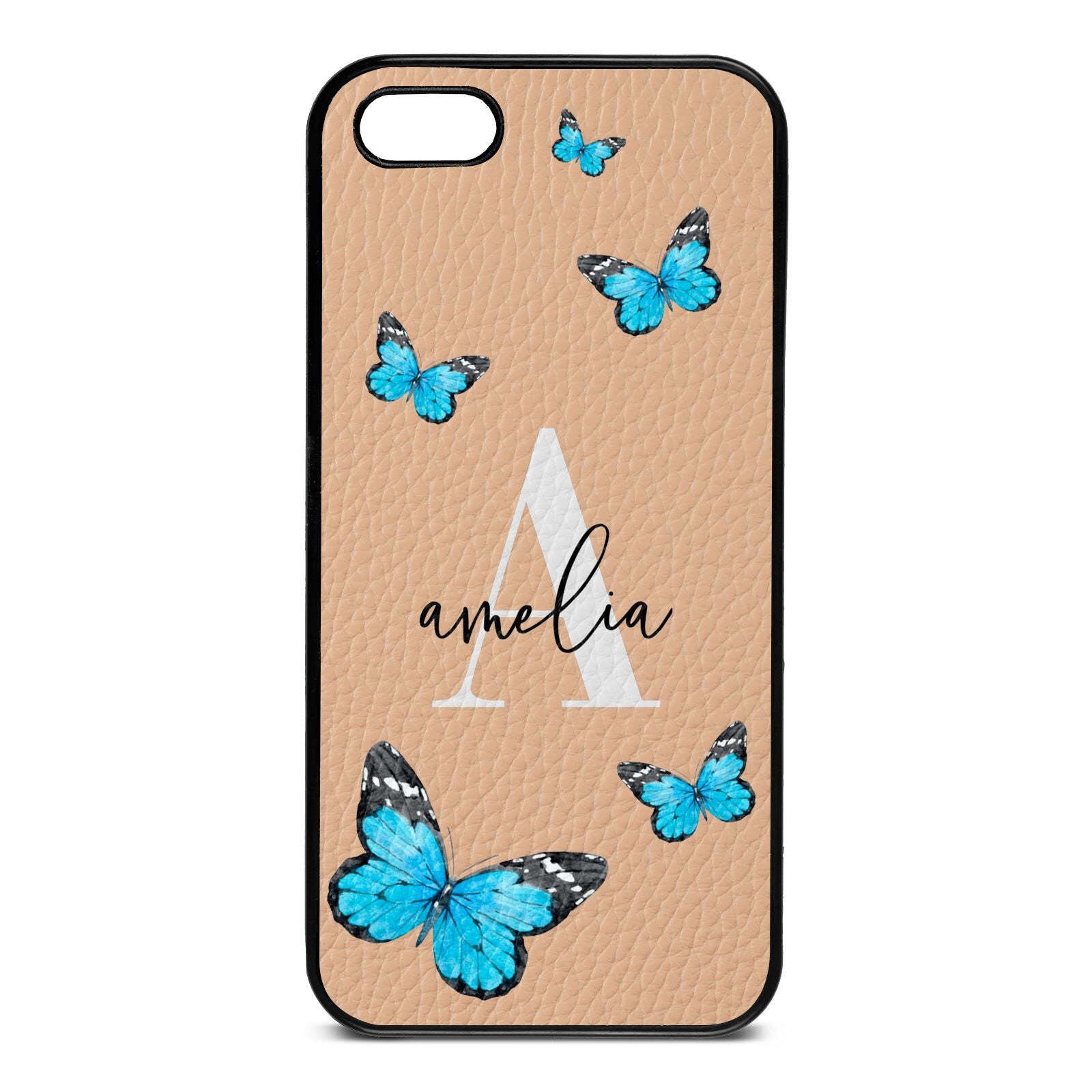 Blue Butterflies with Initial and Name Nude Pebble Leather iPhone 5 Case