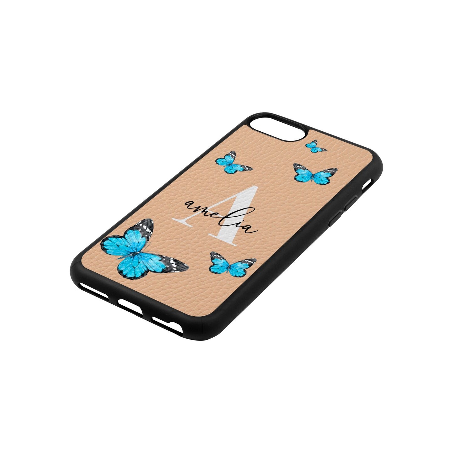 Blue Butterflies with Initial and Name Nude Pebble Leather iPhone 8 Case Side Angle