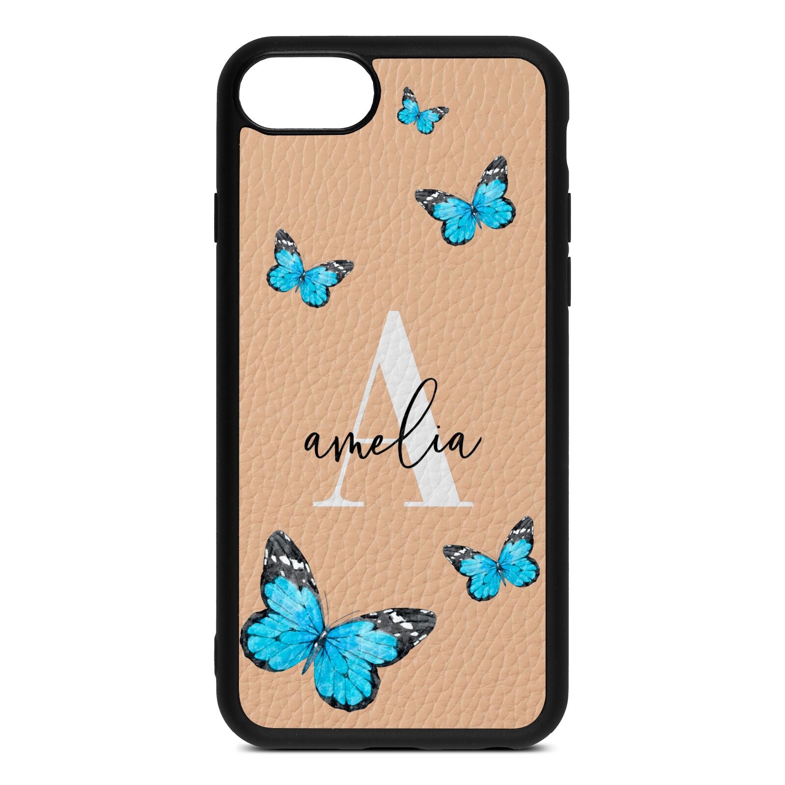 Blue Butterflies with Initial and Name Nude Pebble Leather iPhone 8 Case