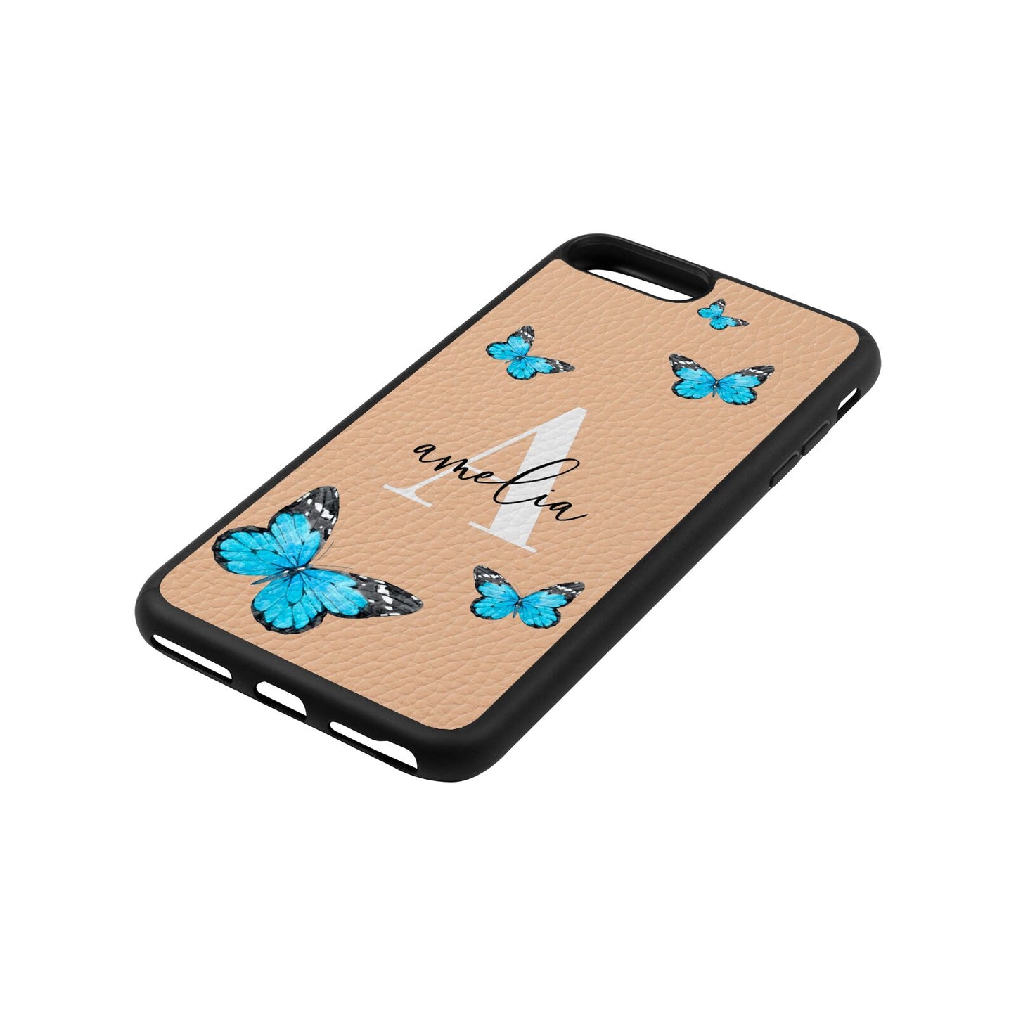 Blue Butterflies with Initial and Name Nude Pebble Leather iPhone 8 Plus Case Side Angle