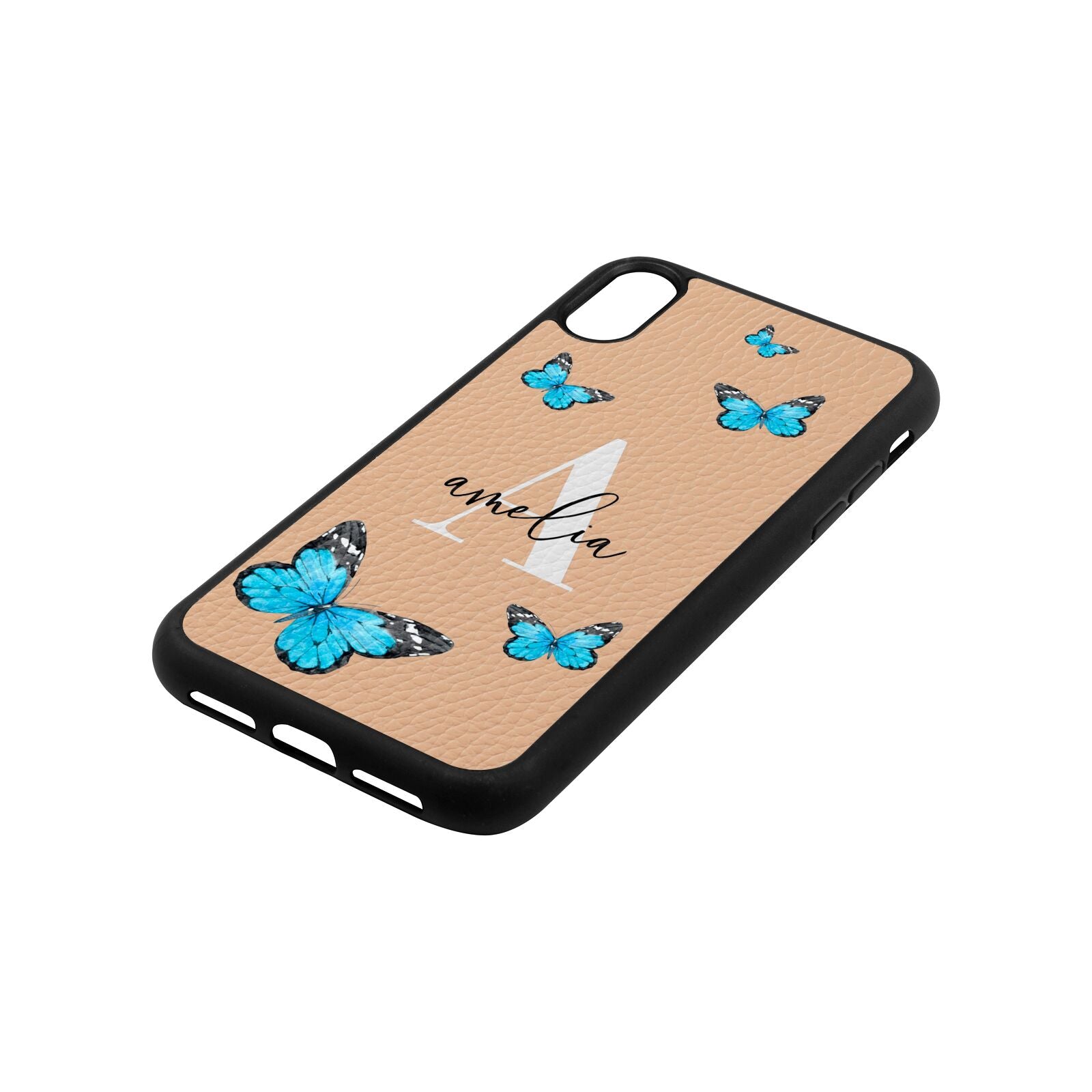 Blue Butterflies with Initial and Name Nude Pebble Leather iPhone Xr Case Side Angle