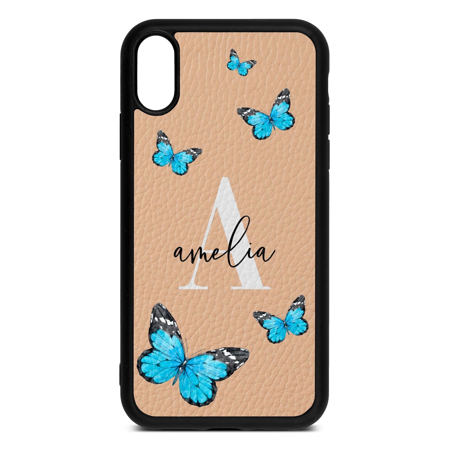 Blue Butterflies with Initial and Name Nude Pebble Leather iPhone Xr Case