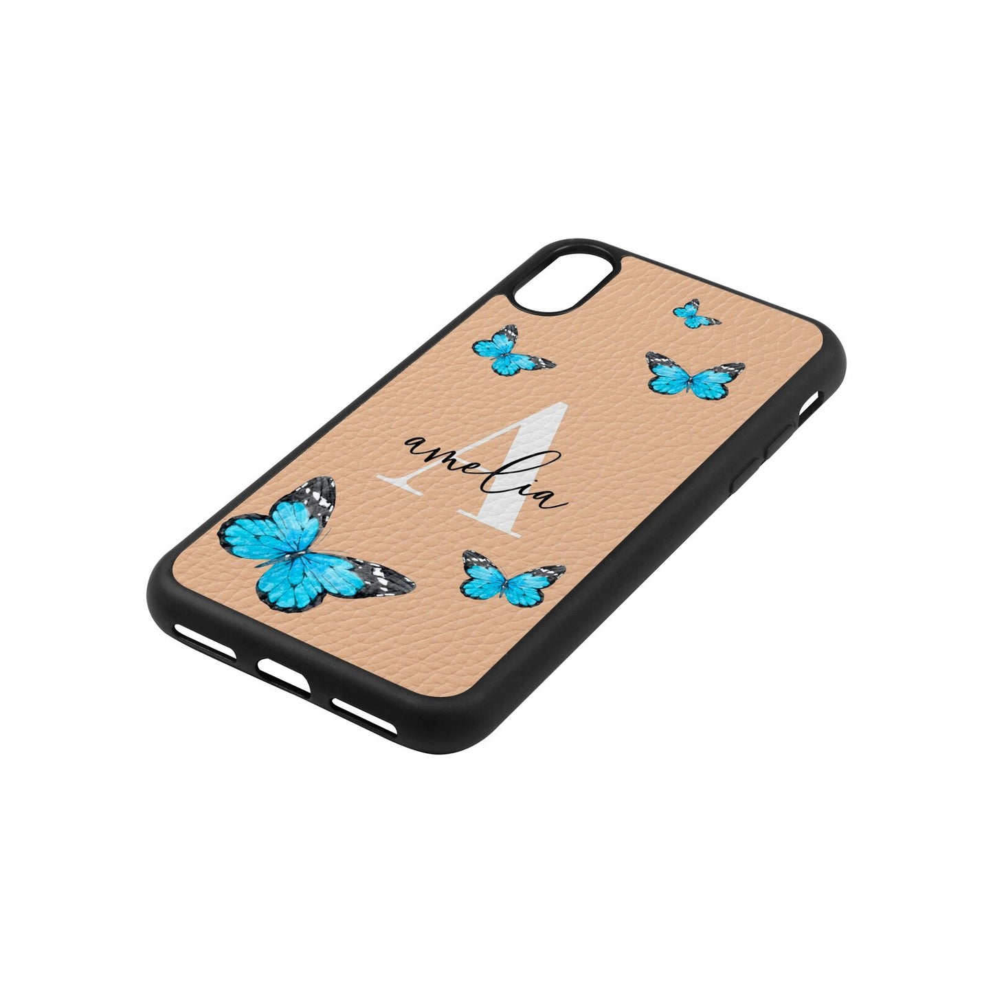 Blue Butterflies with Initial and Name Nude Pebble Leather iPhone Xs Case Side Angle