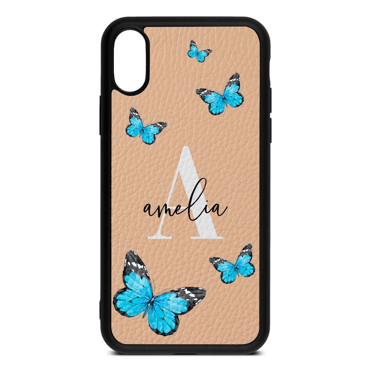 Blue Butterflies with Initial and Name Nude Pebble Leather iPhone Xs Case