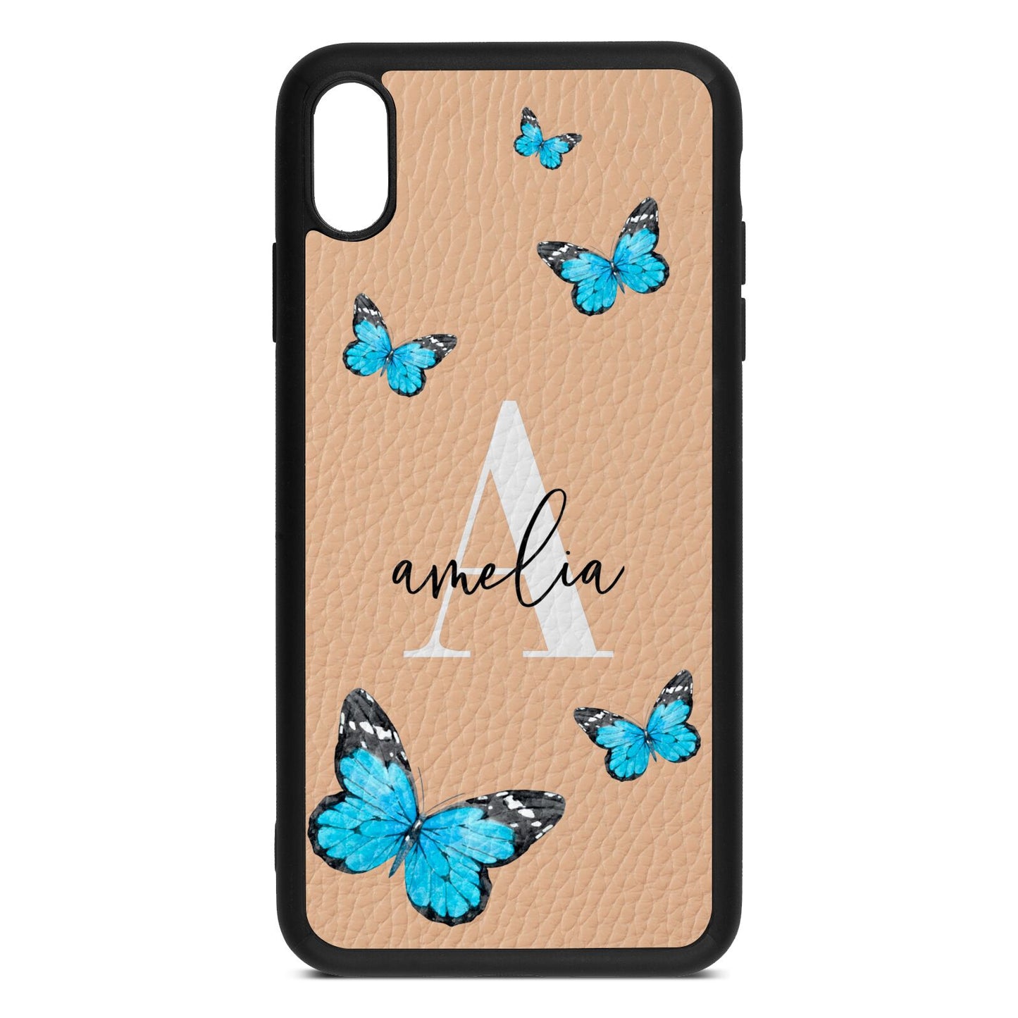 Blue Butterflies with Initial and Name Nude Pebble Leather iPhone Xs Max Case