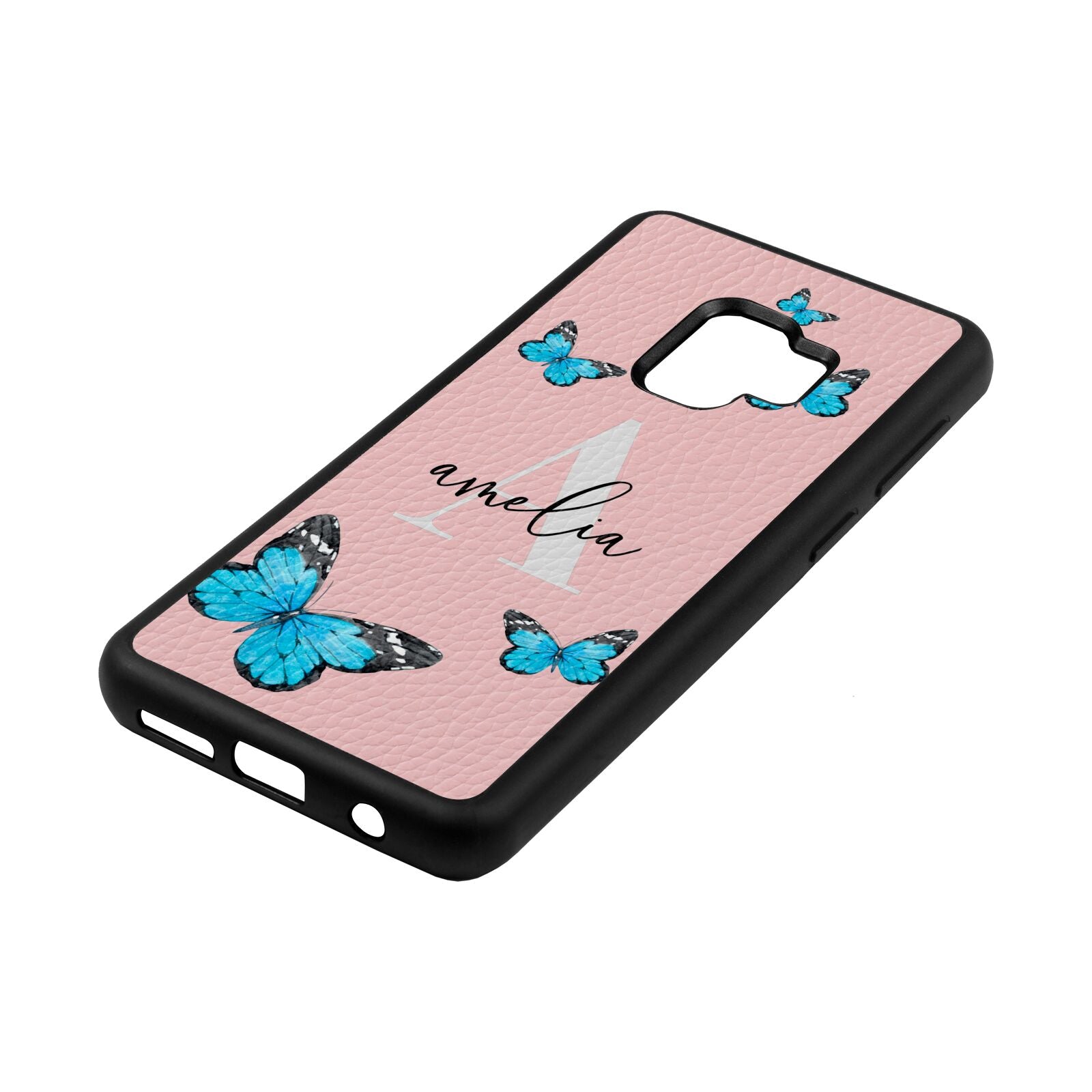 Blue Butterflies with Initial and Name Pink Pebble Leather Samsung S9 Case Side Angle