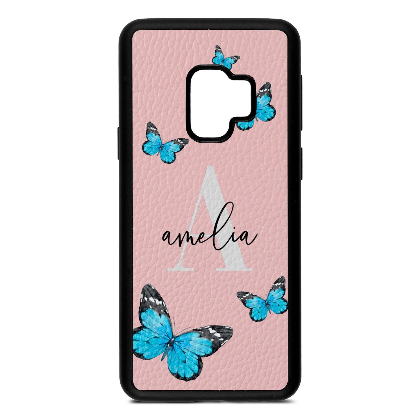 Blue Butterflies with Initial and Name Pink Pebble Leather Samsung S9 Case