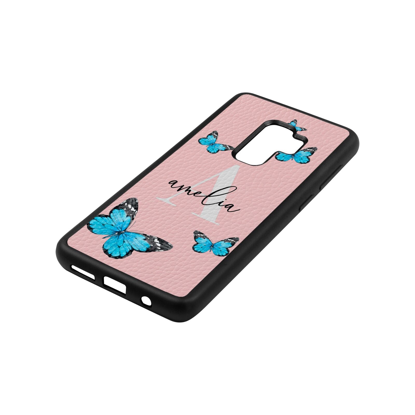 Blue Butterflies with Initial and Name Pink Pebble Leather Samsung S9 Plus Case Side Angle