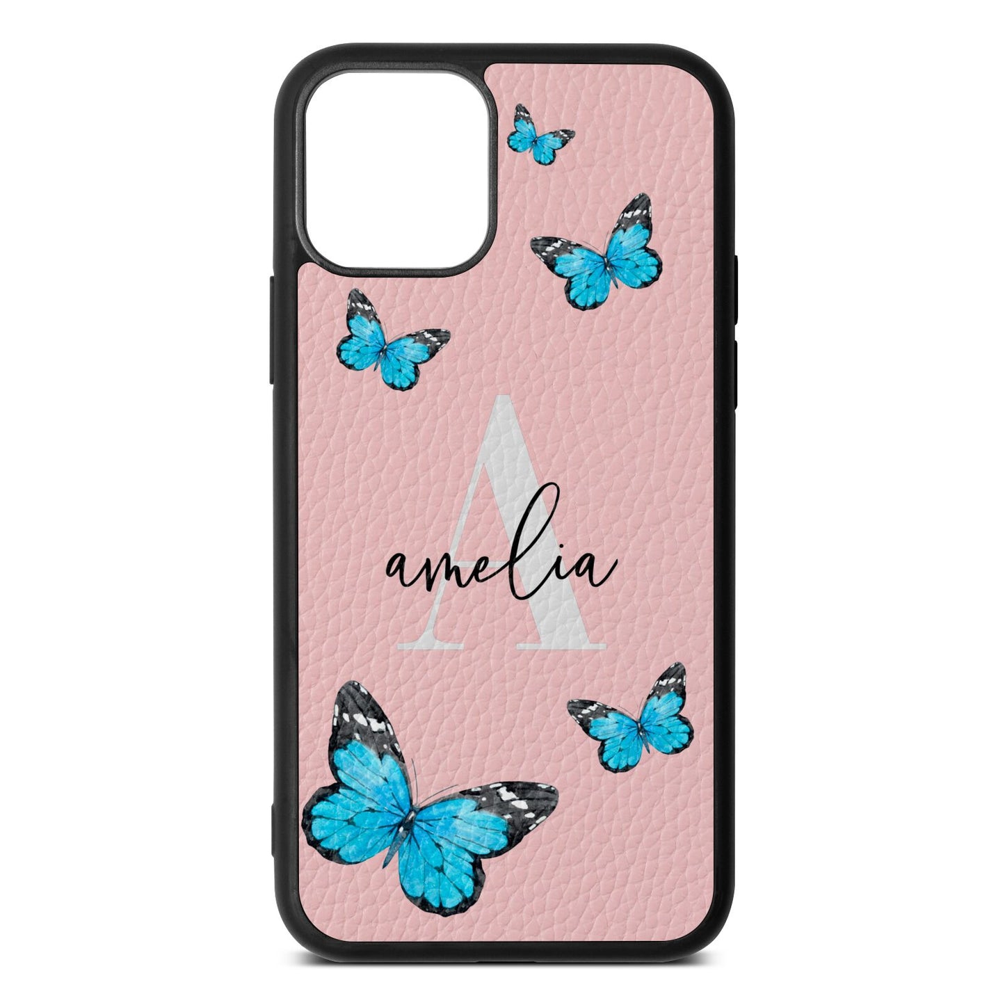 Blue Butterflies with Initial and Name Pink Pebble Leather iPhone 11 Case