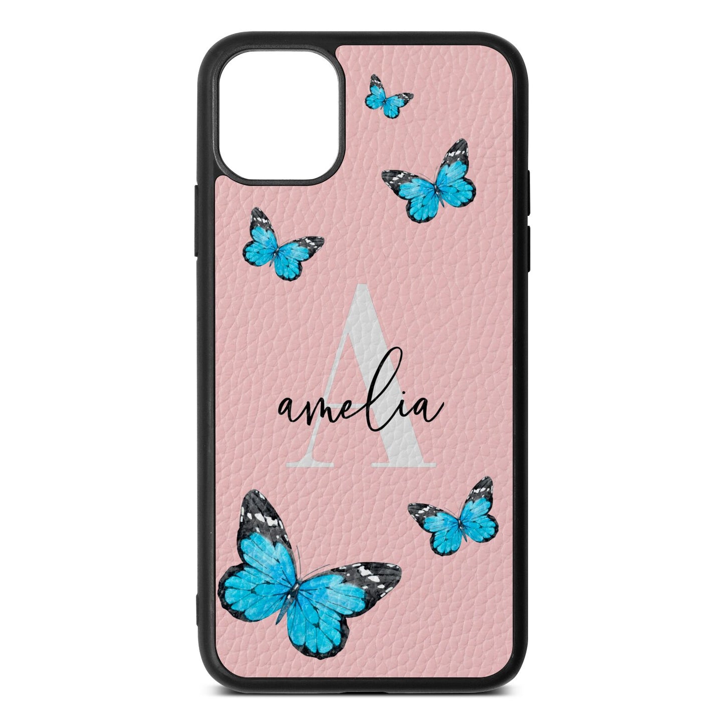 Blue Butterflies with Initial and Name Pink Pebble Leather iPhone 11 Pro Max Case