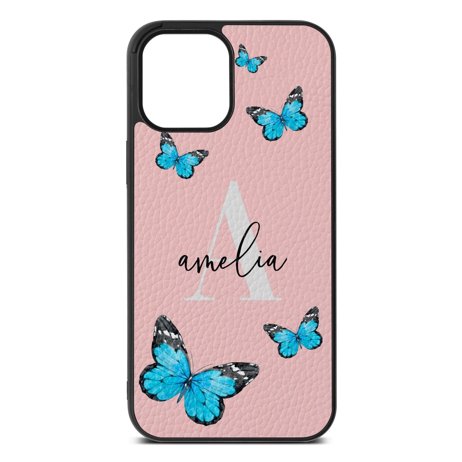 Blue Butterflies with Initial and Name Pink Pebble Leather iPhone 12 Pro Max Case