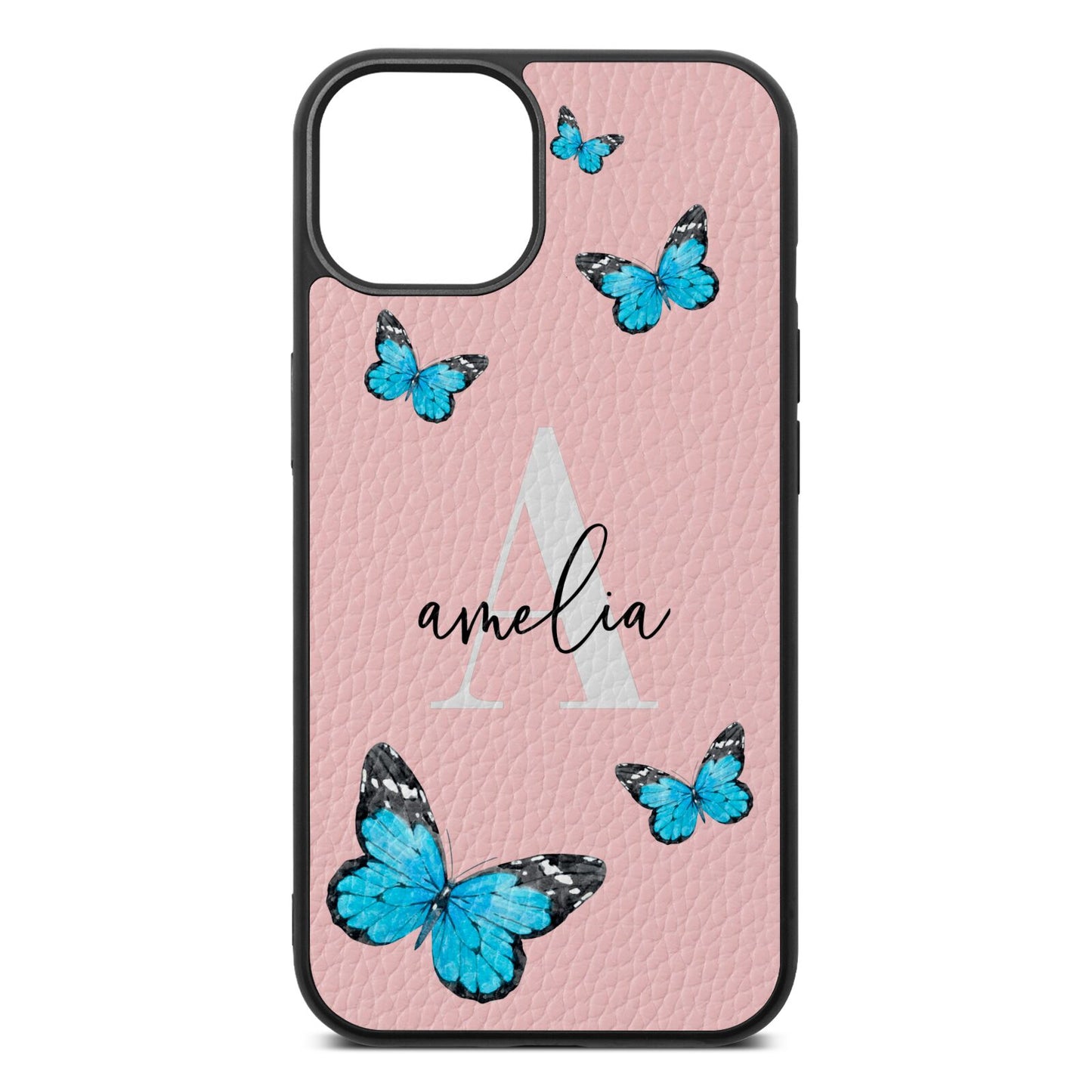 Blue Butterflies with Initial and Name Pink Pebble Leather iPhone 13 Case