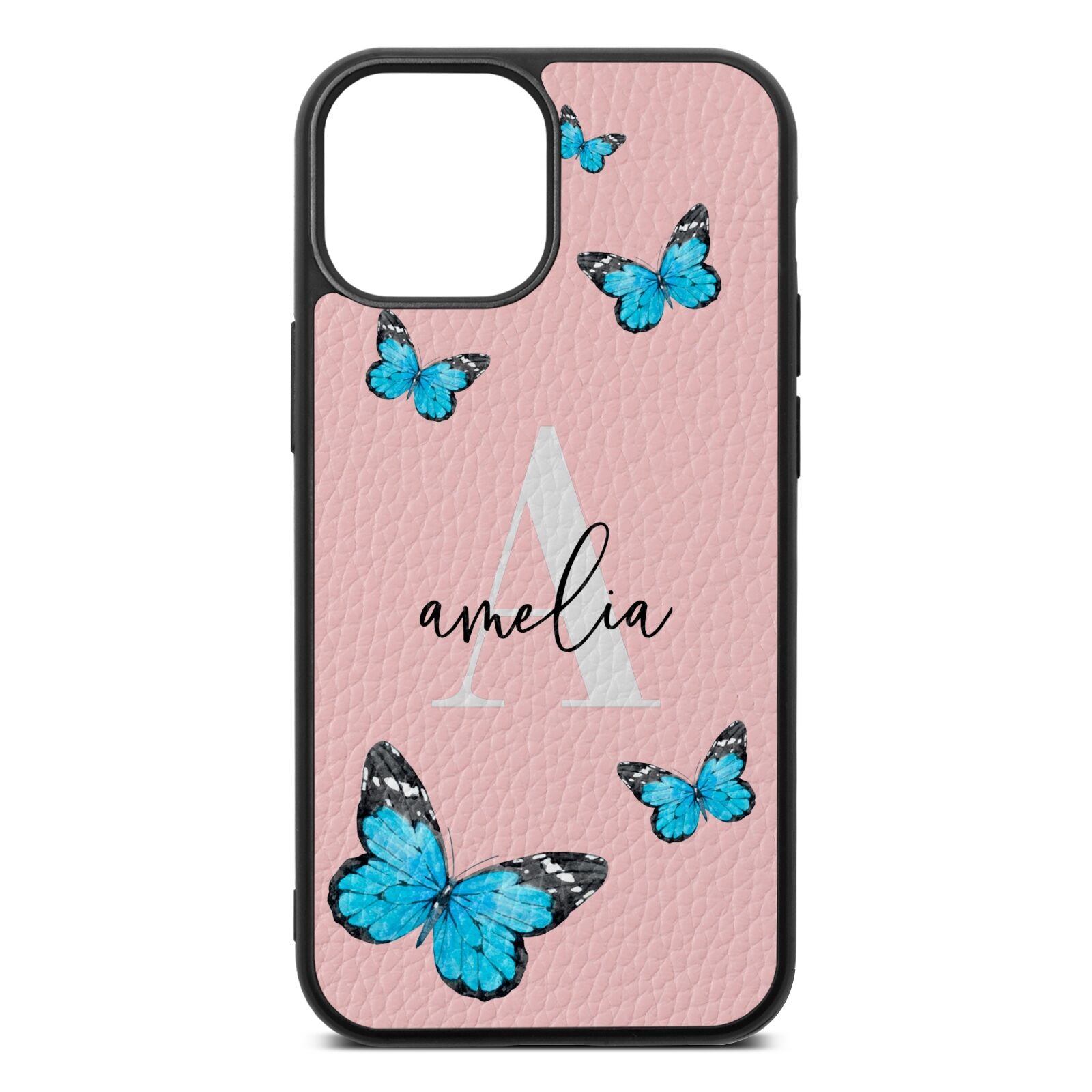 Blue Butterflies with Initial and Name Pink Pebble Leather iPhone 13 Mini Case
