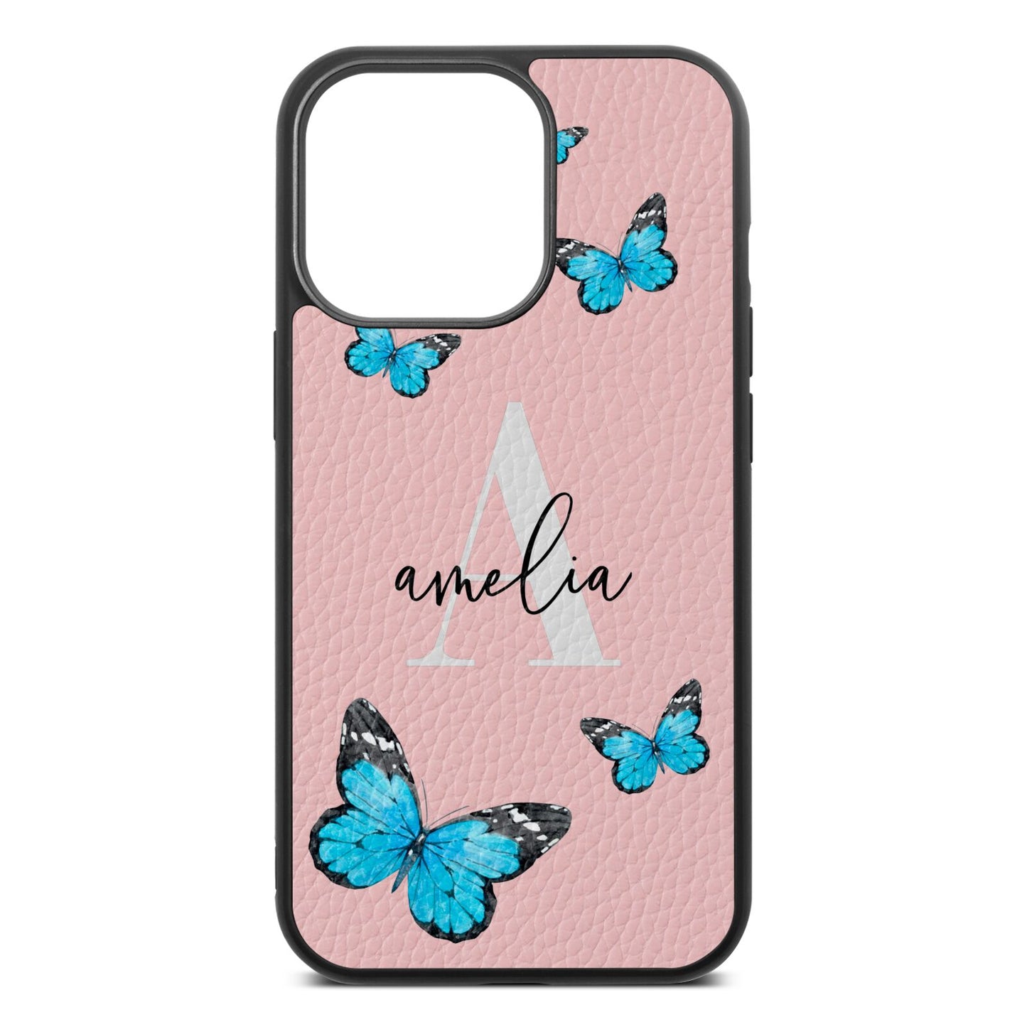 Blue Butterflies with Initial and Name Pink Pebble Leather iPhone 13 Pro Case
