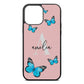 Blue Butterflies with Initial and Name Pink Pebble Leather iPhone 13 Pro Max Case