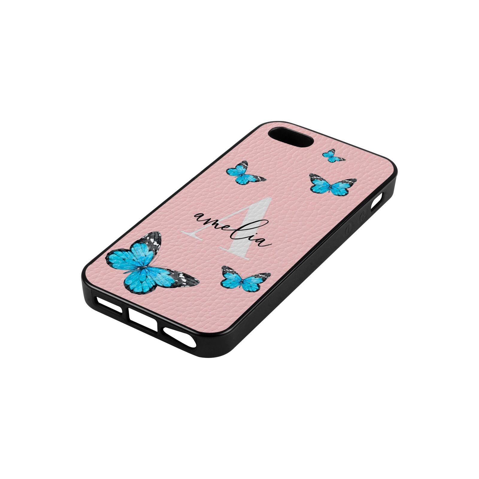 Blue Butterflies with Initial and Name Pink Pebble Leather iPhone 5 Case Side Angle