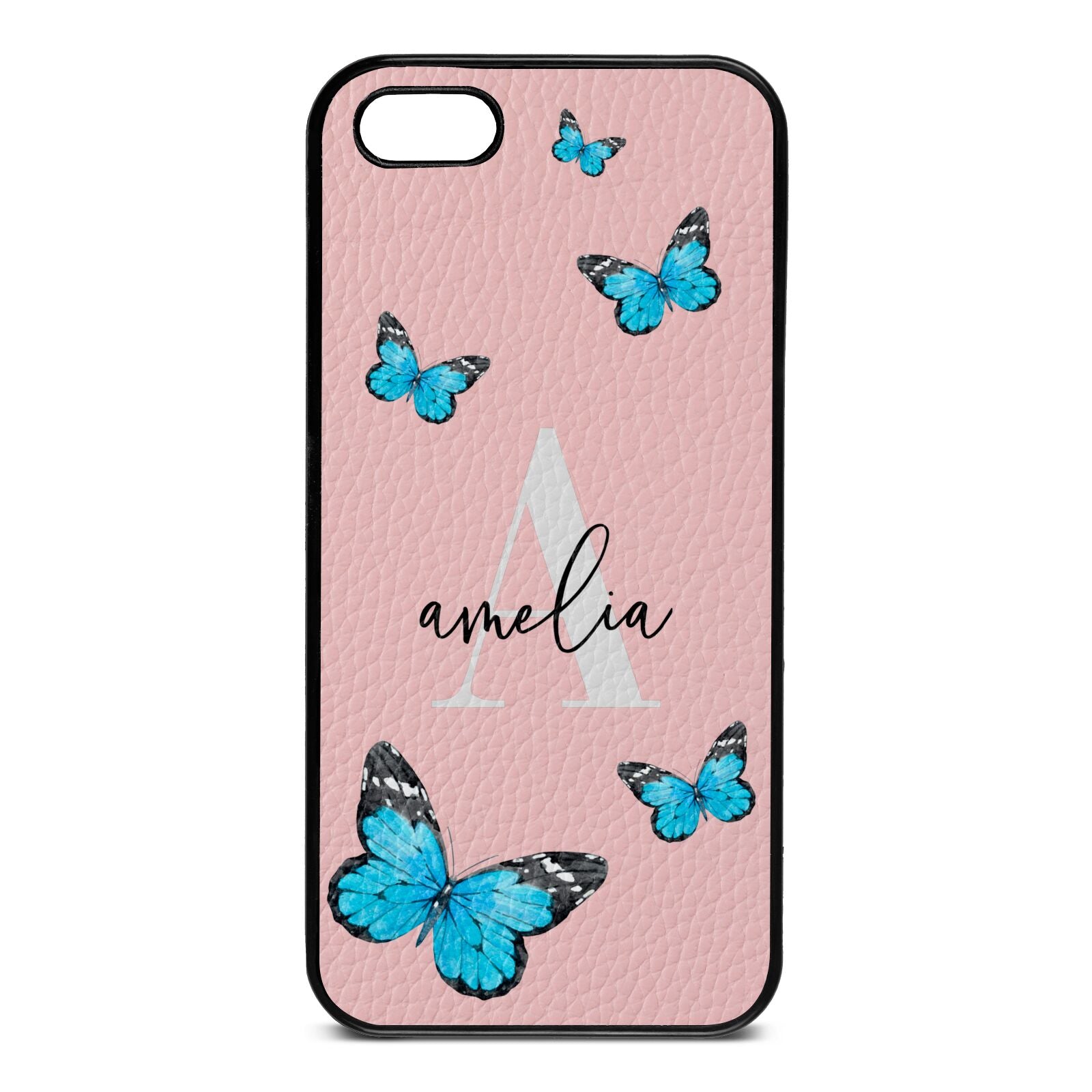 Blue Butterflies with Initial and Name Pink Pebble Leather iPhone 5 Case