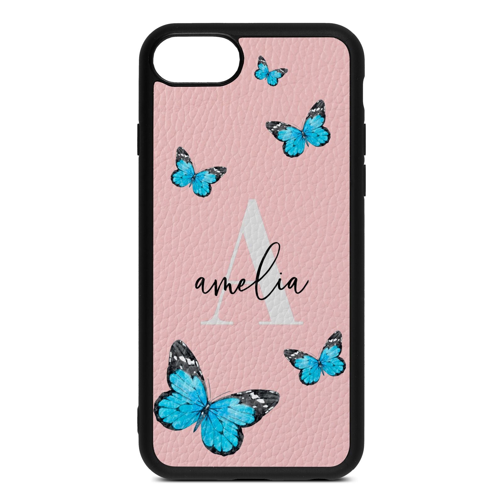 Blue Butterflies with Initial and Name Pink Pebble Leather iPhone 8 Case